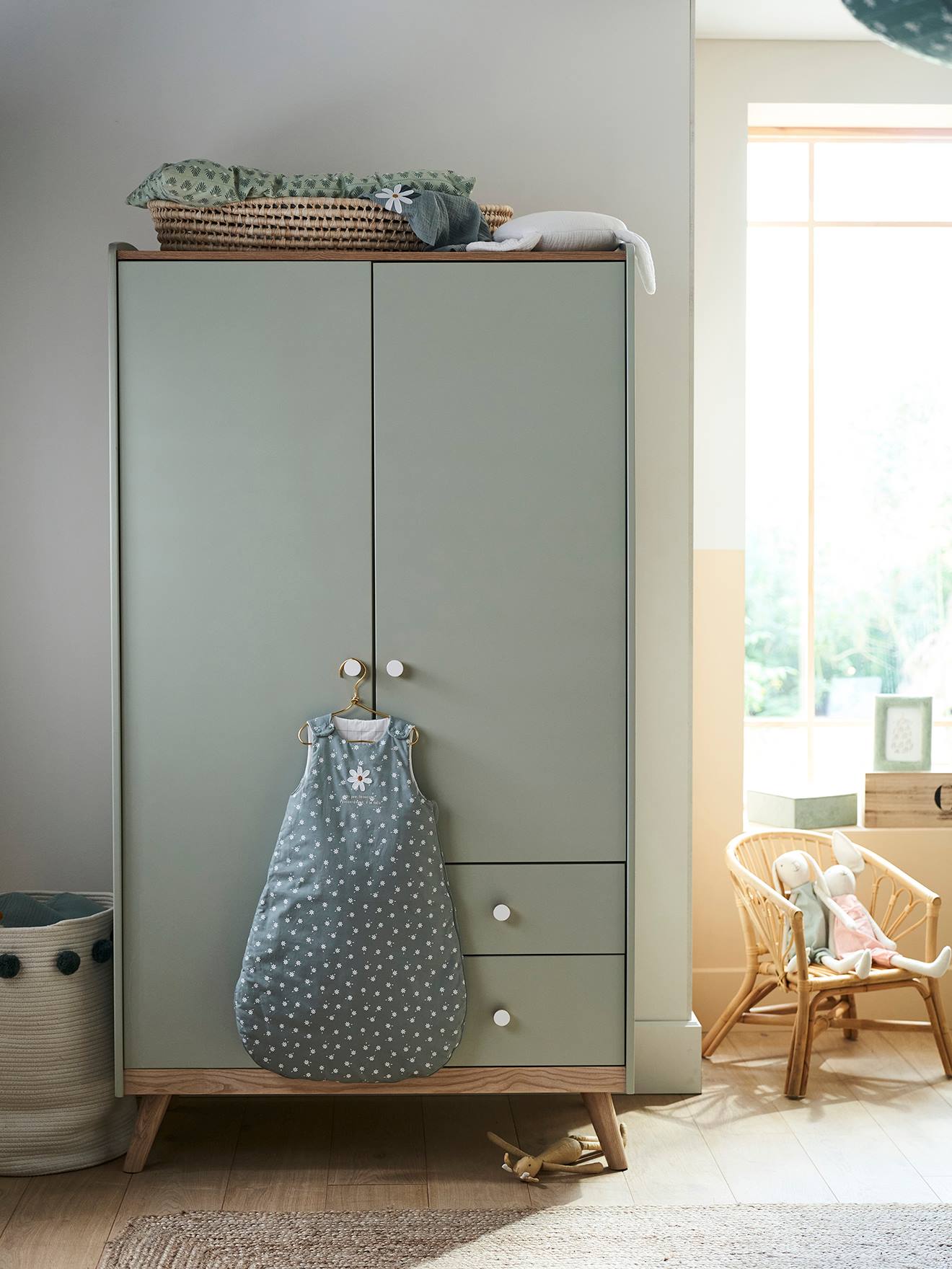 Vertbaudet Kinder Kleiderschrank KONFETTI, 2 Türen - graugrün