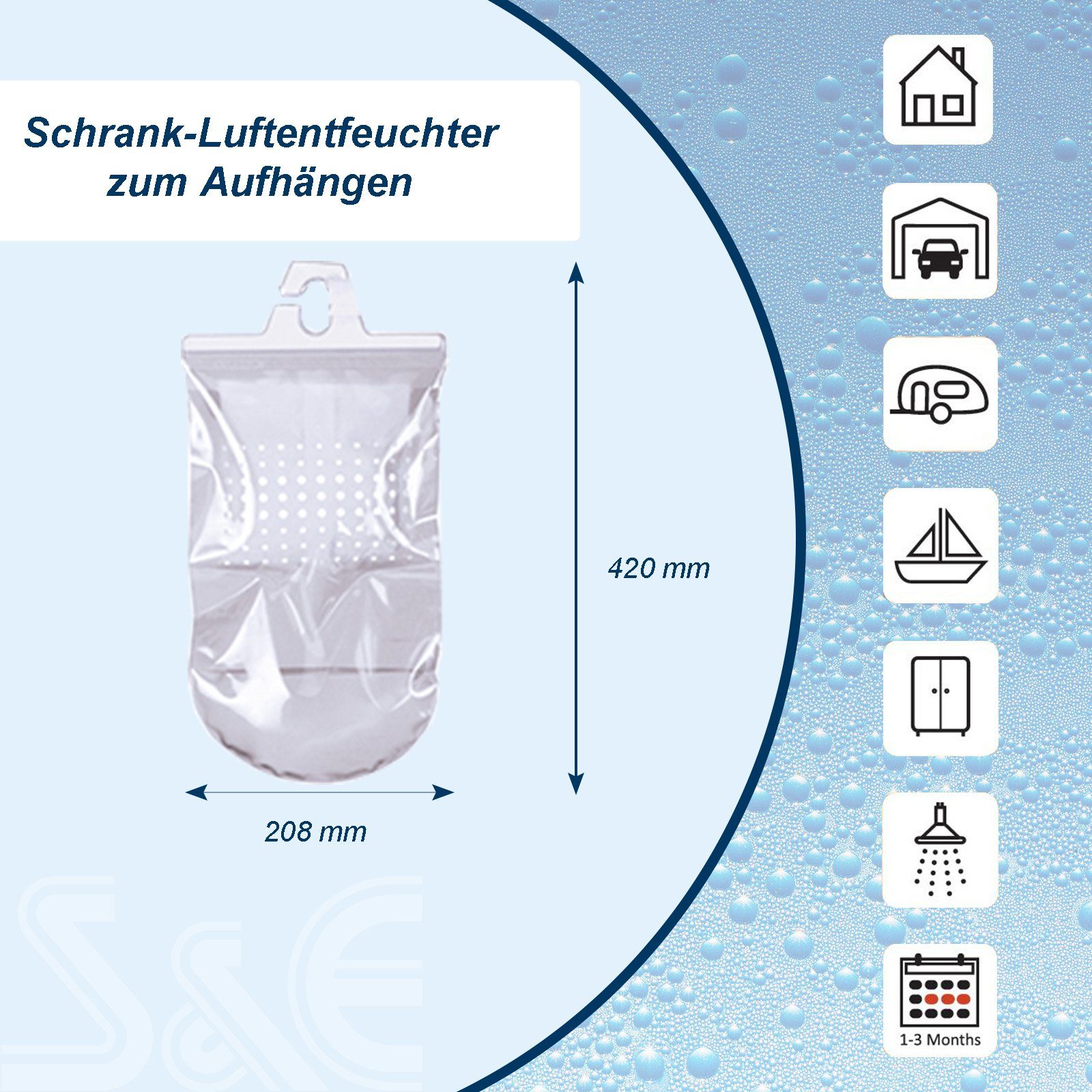 BlueCraft Luftentfeuchter-Nachfüllpack für Schränke, kleine Räume zum Aufhängen 3 Stück, Schlafzimmer Wohnung Nachfüller gegen Schimmel, Raum-Entfeuchter ohne Strom, Kleiderschrank Entfeuchter inkl. je 450 g Granulat im Vliesbeutel