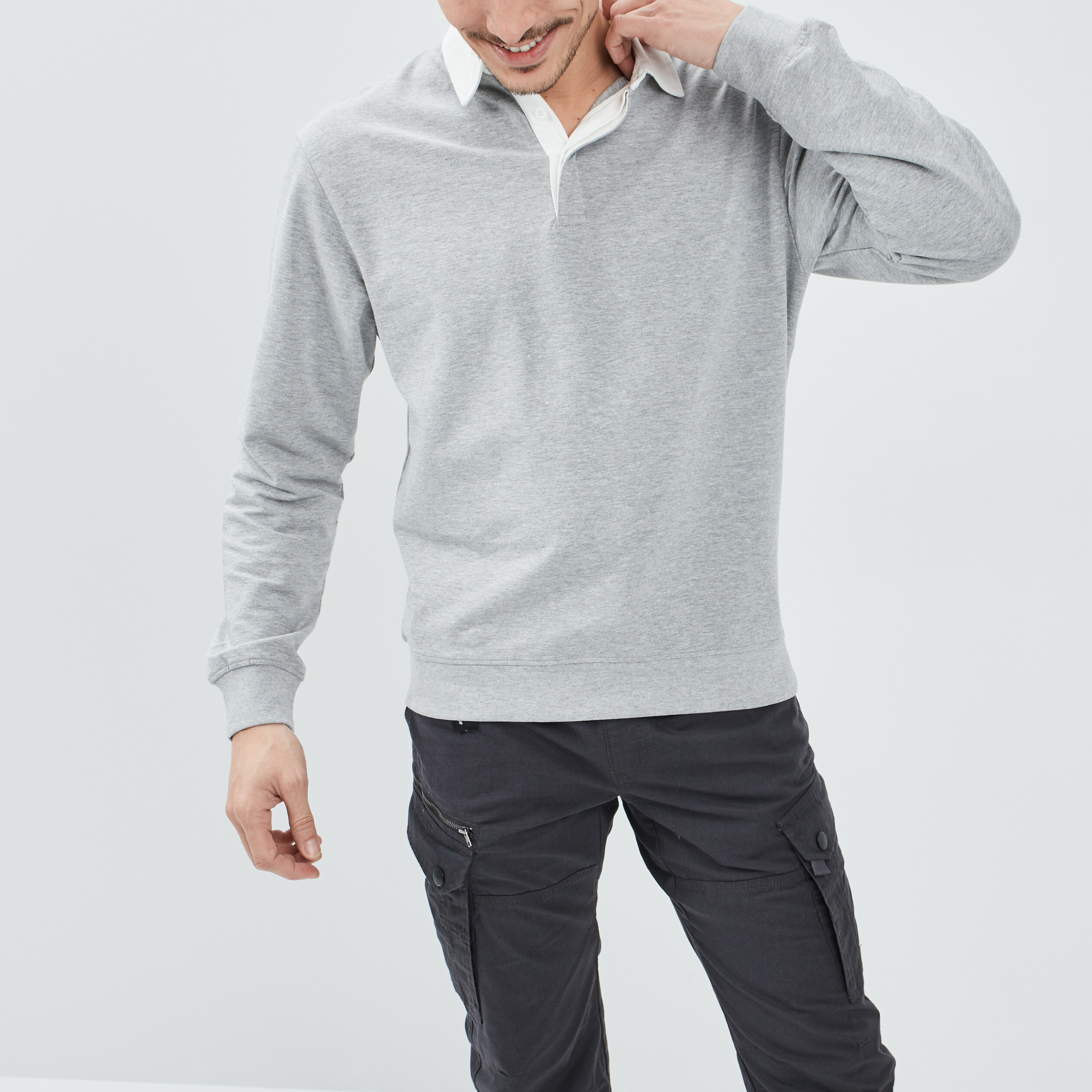 Polo manches longues gris clair homme | La Halle