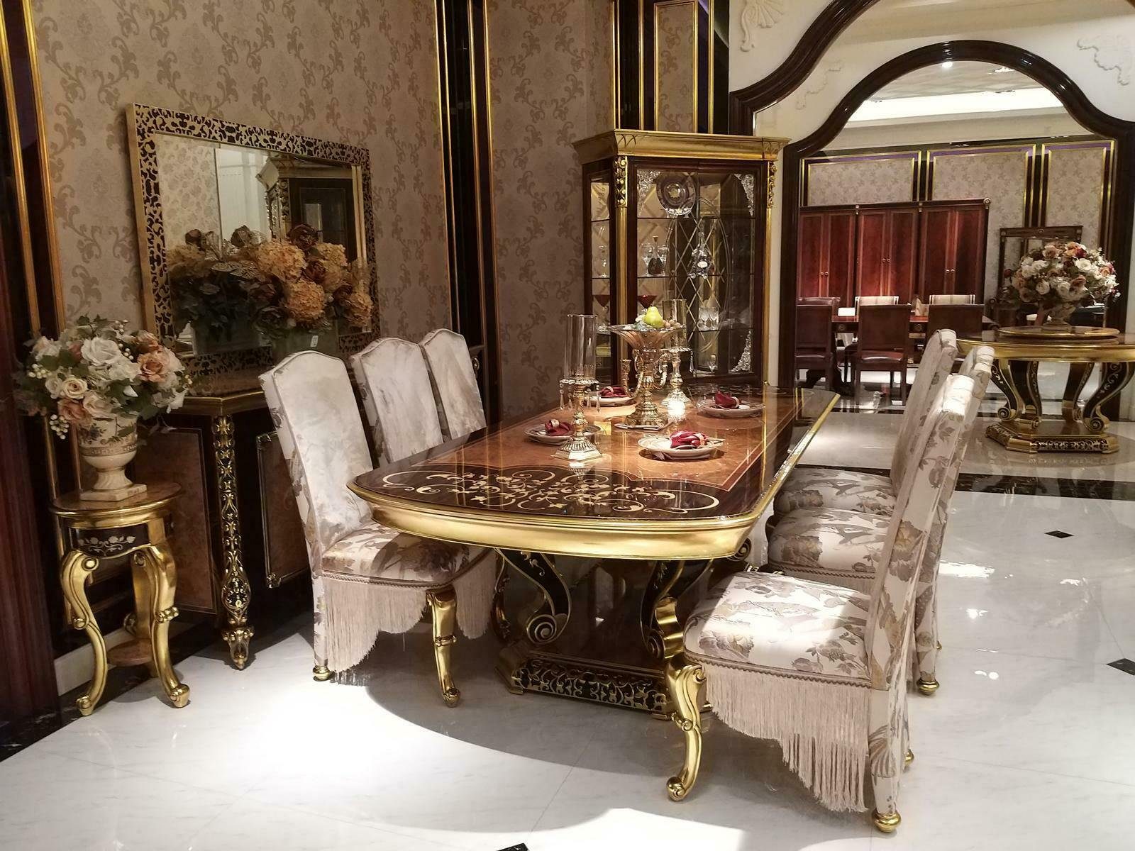 JVmoebel Esszimmer-Set, Esszimmer Set Garnitur Vitrine Tisch 6x Stuhl Kommode Spiegel