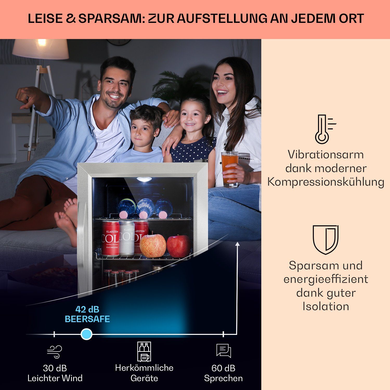 Klarstein Getränkekühlschrank HEA-Beersafe-M 10033119A, 54 cm hoch, 40.5 cm breit, Mini Kühlschrank Bierkühlschrank klein Getränkekühlschrank mit Glastür