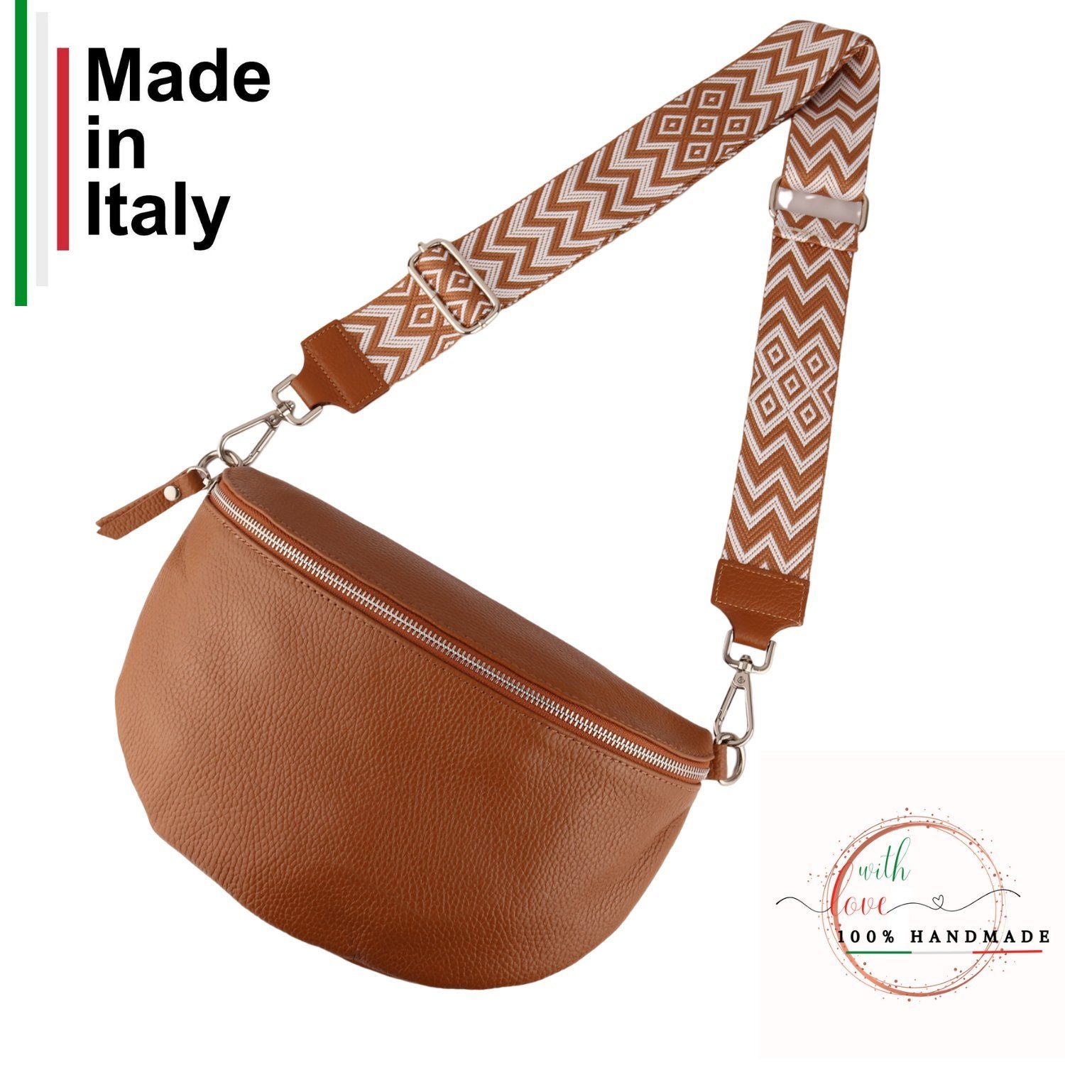 MIRROSI Bauchtasche Damen, Echtleder, Leder, Made in Italy, Umhängetasche, Brusttasche, (Schultertasche für jeden Anlass (1 Tasche & 2 Gurte), Damen Taschen, 3 Größen auswählbar), Crossbody Bag, Cognac Braun, verstellbaren Schulterriemen