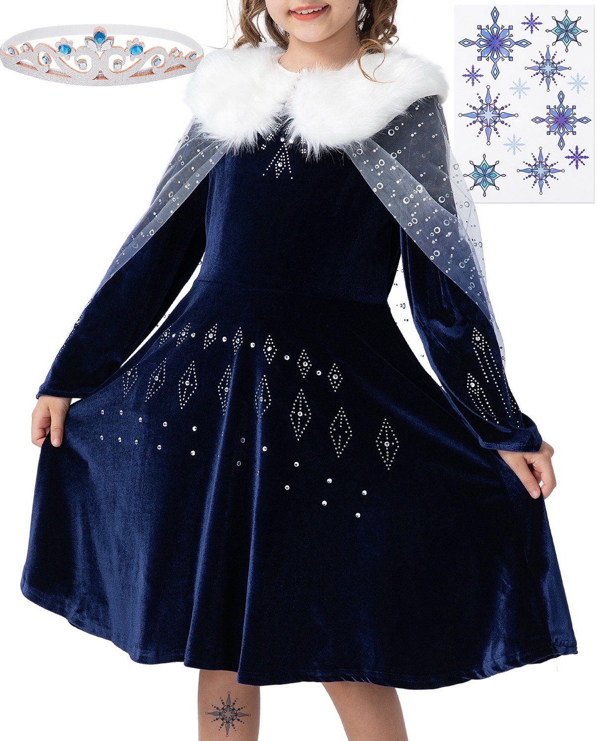 Corimori Prinzessin-Kostüm Elastisches Stella Eiskönigin Kostüm Kleid, mit Tattoos & Diadem, Prinzessinenkleid für Fasching, dunkel-blau