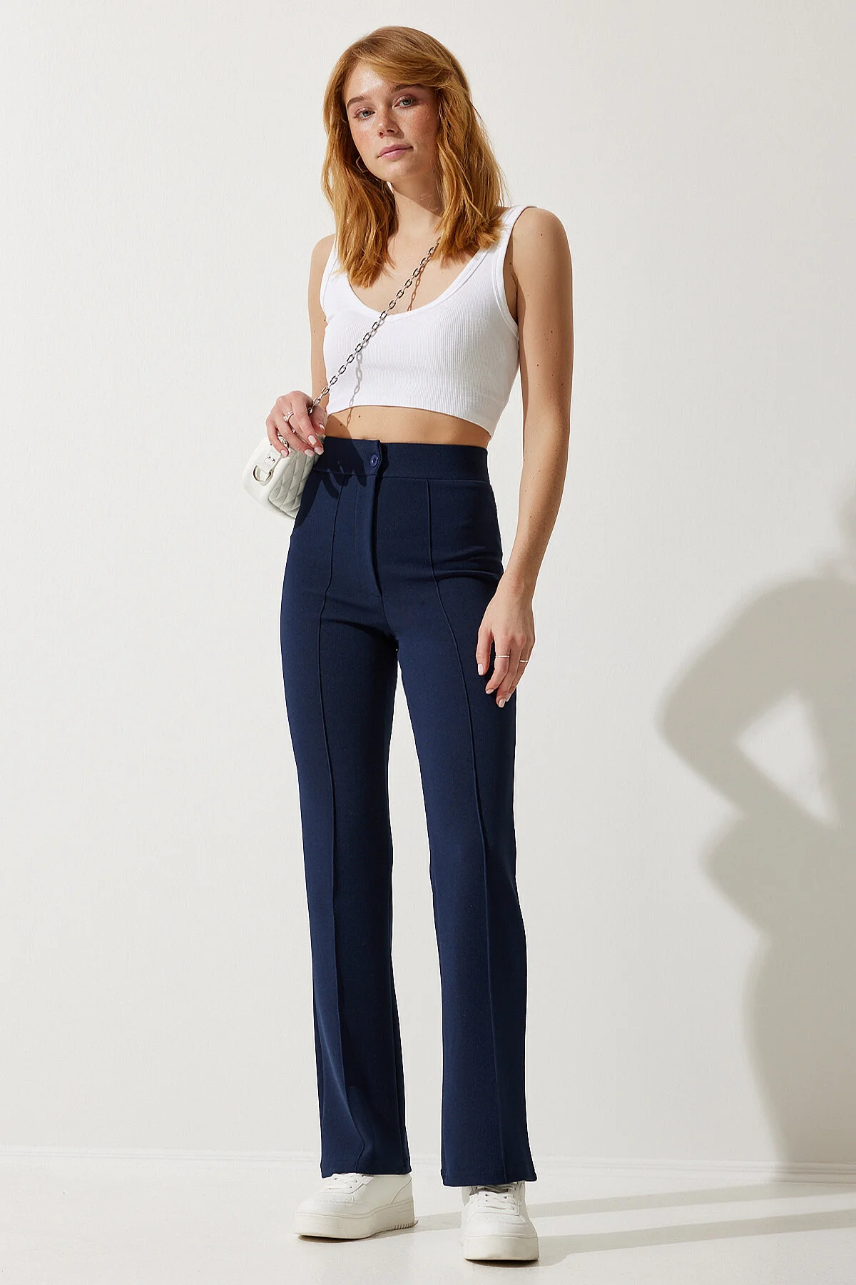 Happiness İstanbul  Marineblaue, bequeme Strickhose aus Lycra mit hoher Taille für Damen RV00090
