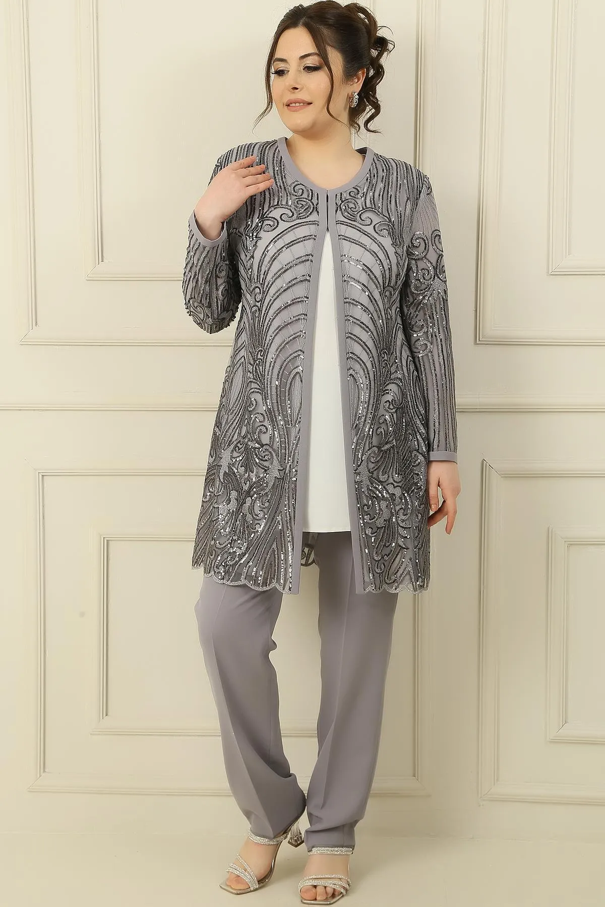 By Saygı  Tanktop mit geripptem Futter, Blumenstickerei, bestickte Jacke und Hose, große Größe, 3-teiliges Set
