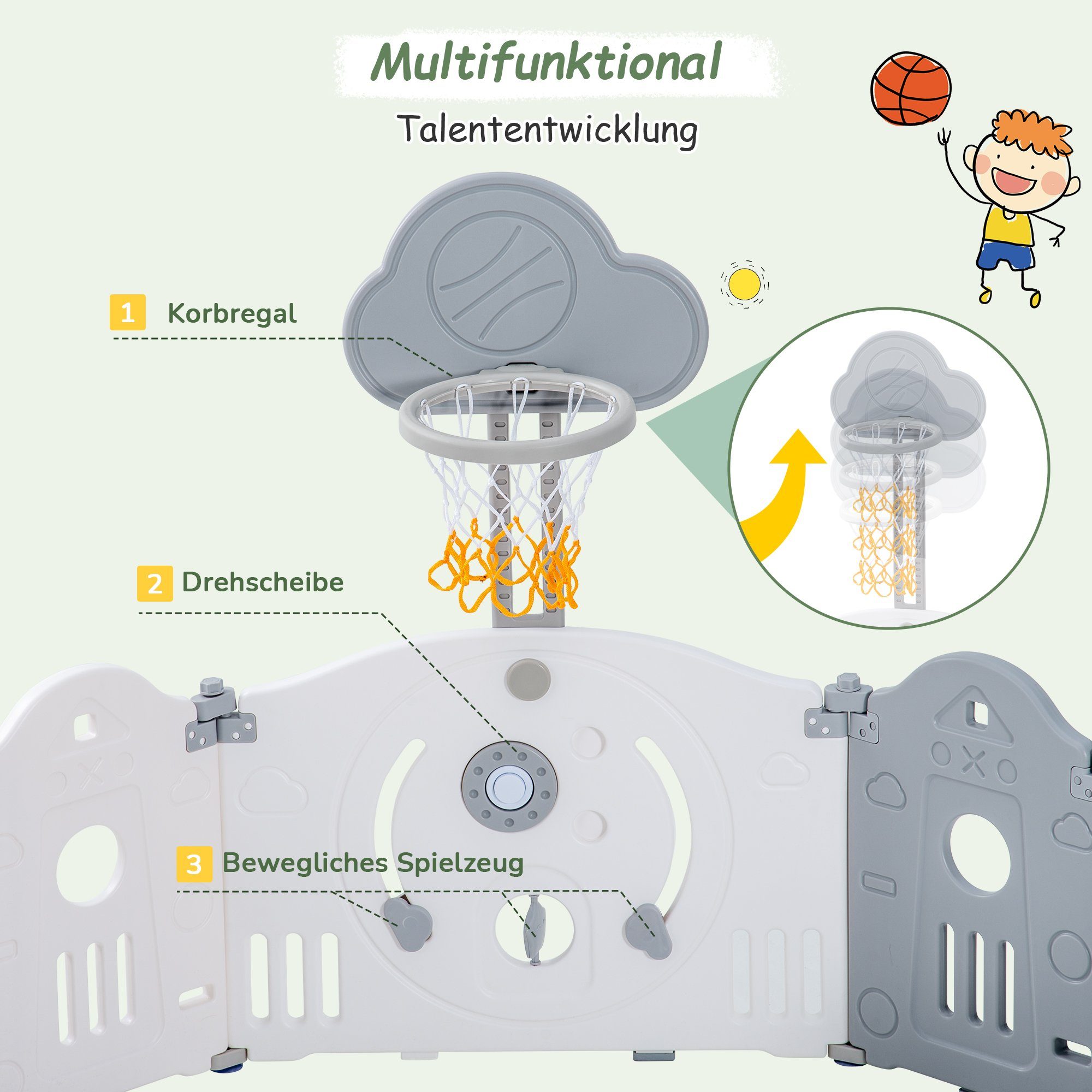 Ulife Laufgitter grau, faltbar, Kinderlaufstall, Babyschutzgitter für 1-8 Jahre alt (Packung), Mit Klettergerüst, Basketballkorb, Schaukeln, Luftpumpe und Basketball