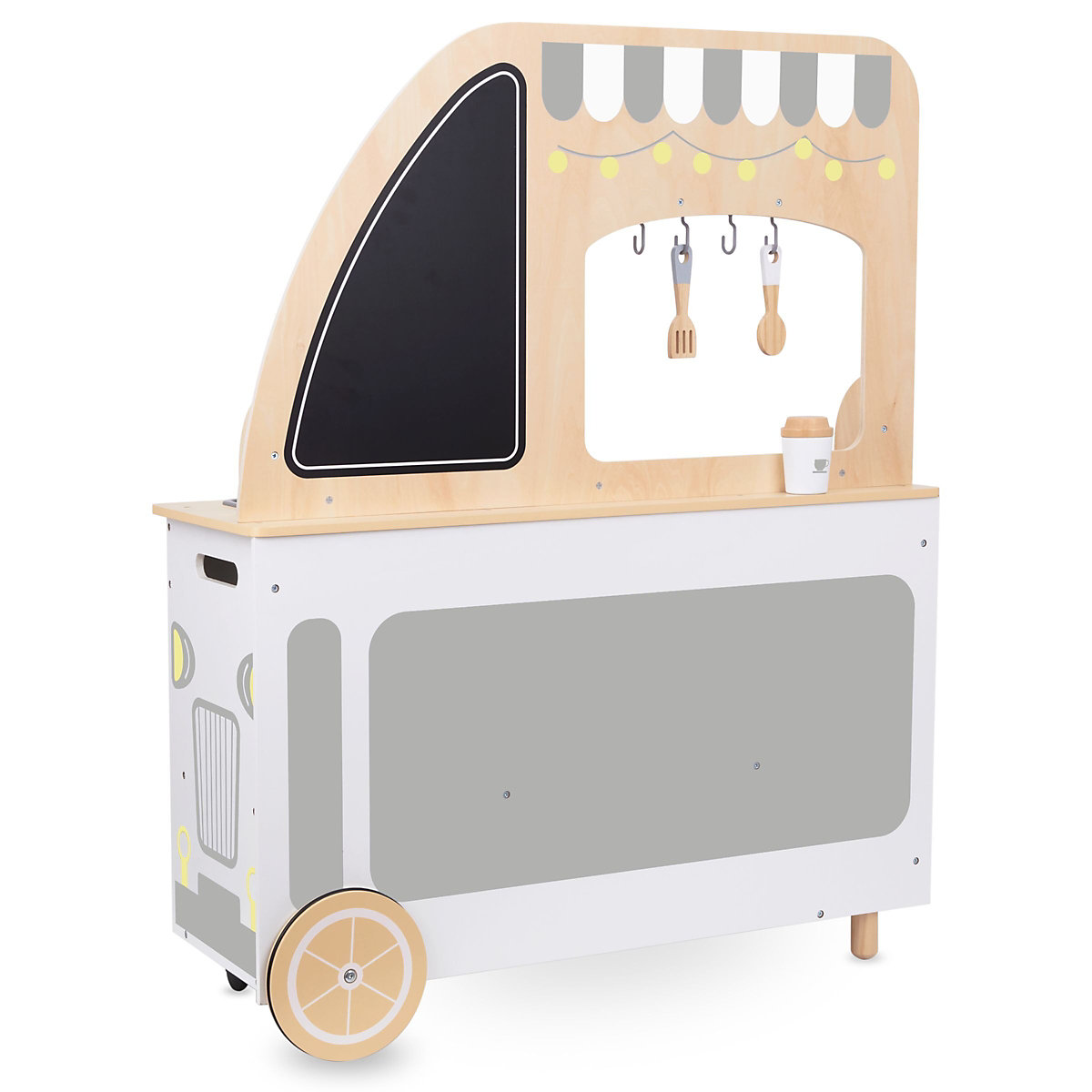 Hölzerner Imbisswagen auf Rädern – Küche mit Zubehör, Auto – Imbisswagen, Spüle, Topf, Bratpfanne, Deckel, Küchenutensilien, Becher, Lebensmittel