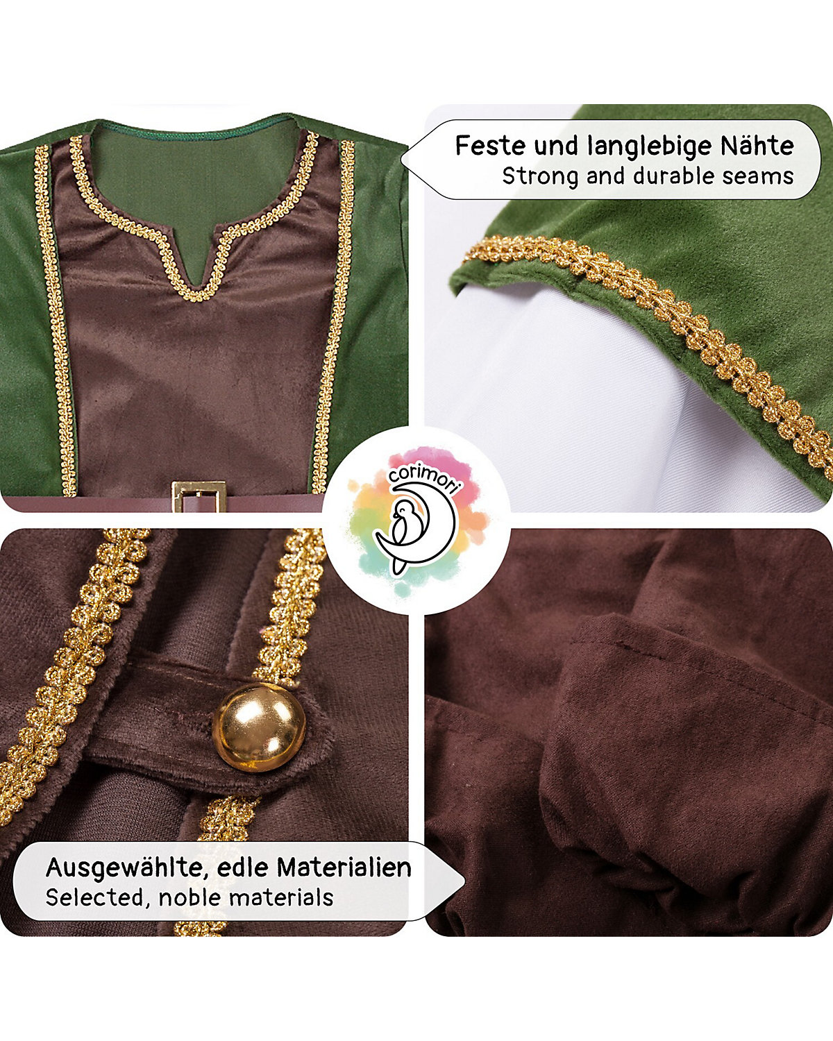 Robin Hood Kostüm Set mit Bogen, Verkleidung für Kinder zu Fasching, cooles Karnevalskostüm, braun/grün
