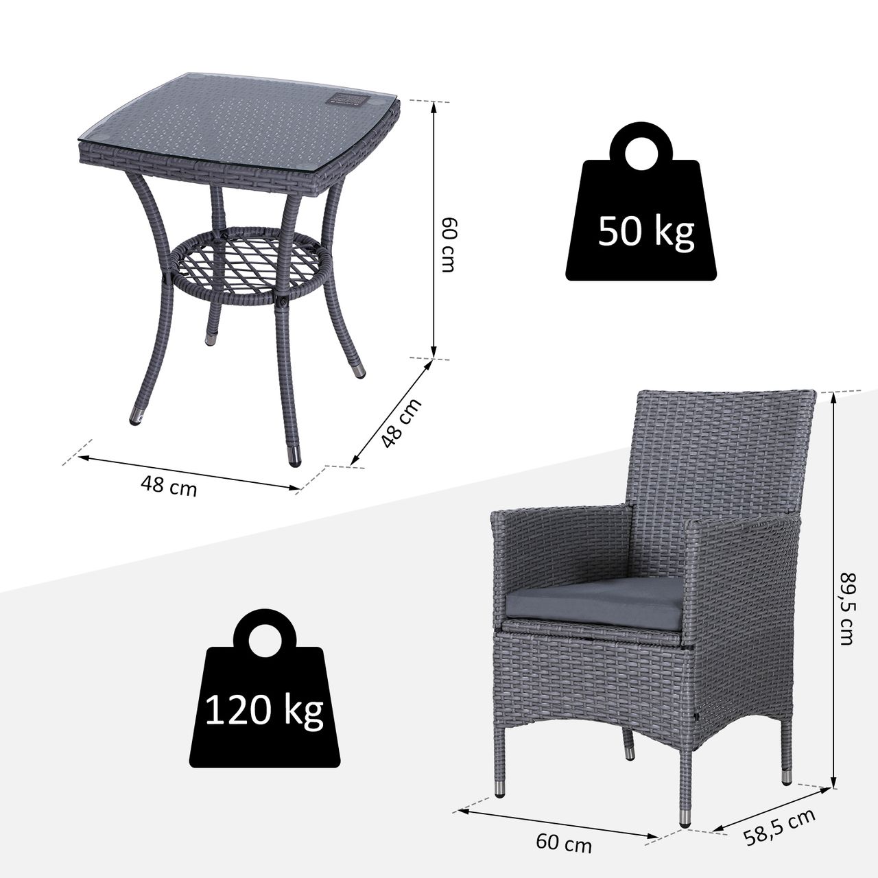 Outsunny 3-tlg. Balkonmöbel Set Sitzgruppe Rattan Gartenset Polyrattan Grau