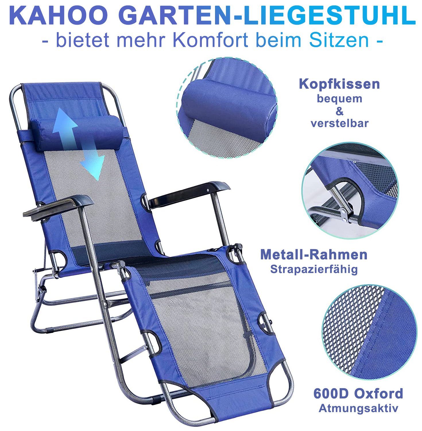KAHOO Gartenliege Faltbare Sonnenliege, 62x18x97cm, bis 118kg, mit Kopfkissen