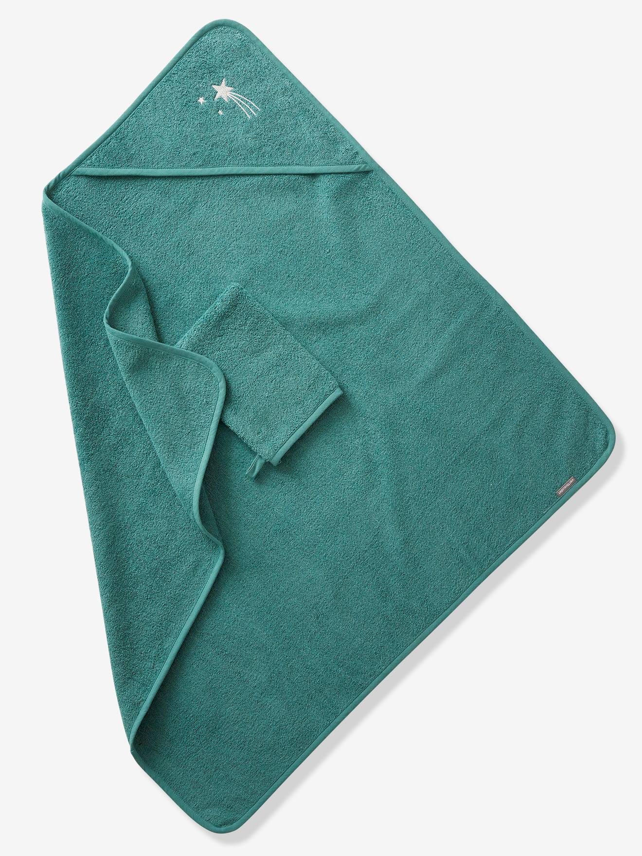 Vertbaudet Baby Kapuzenbadetuch & Waschhandschuh Oeko-Tex, personalisierbar - blau