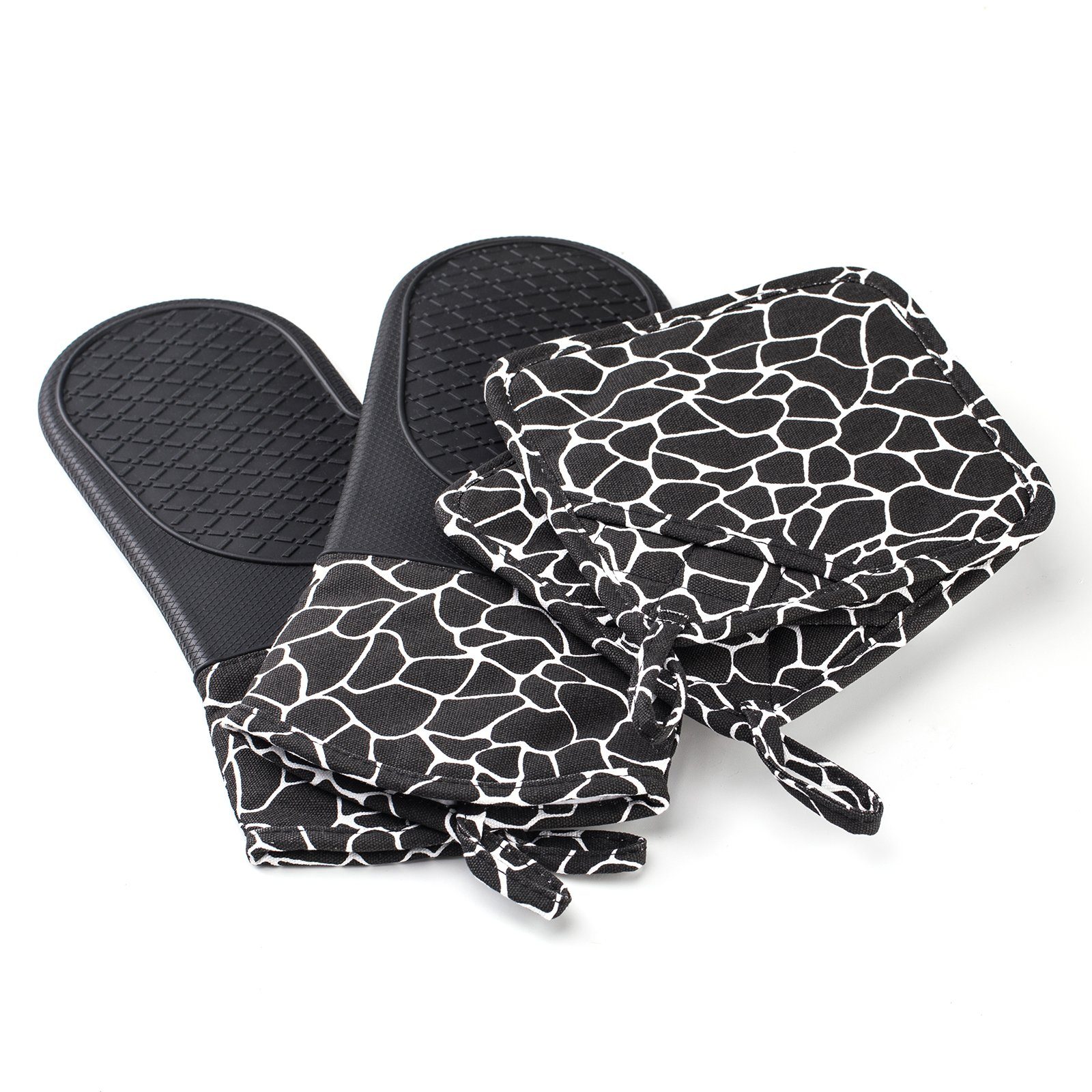 Elegear Topfhandschuhe 2 Topflappen, 1Paar Handschuhe, Hitzebeständig, rutschfest, (4-tlg), mit Halbsilikonpads, Topflappen für Kochen, Backen, Grillen, Schwarz