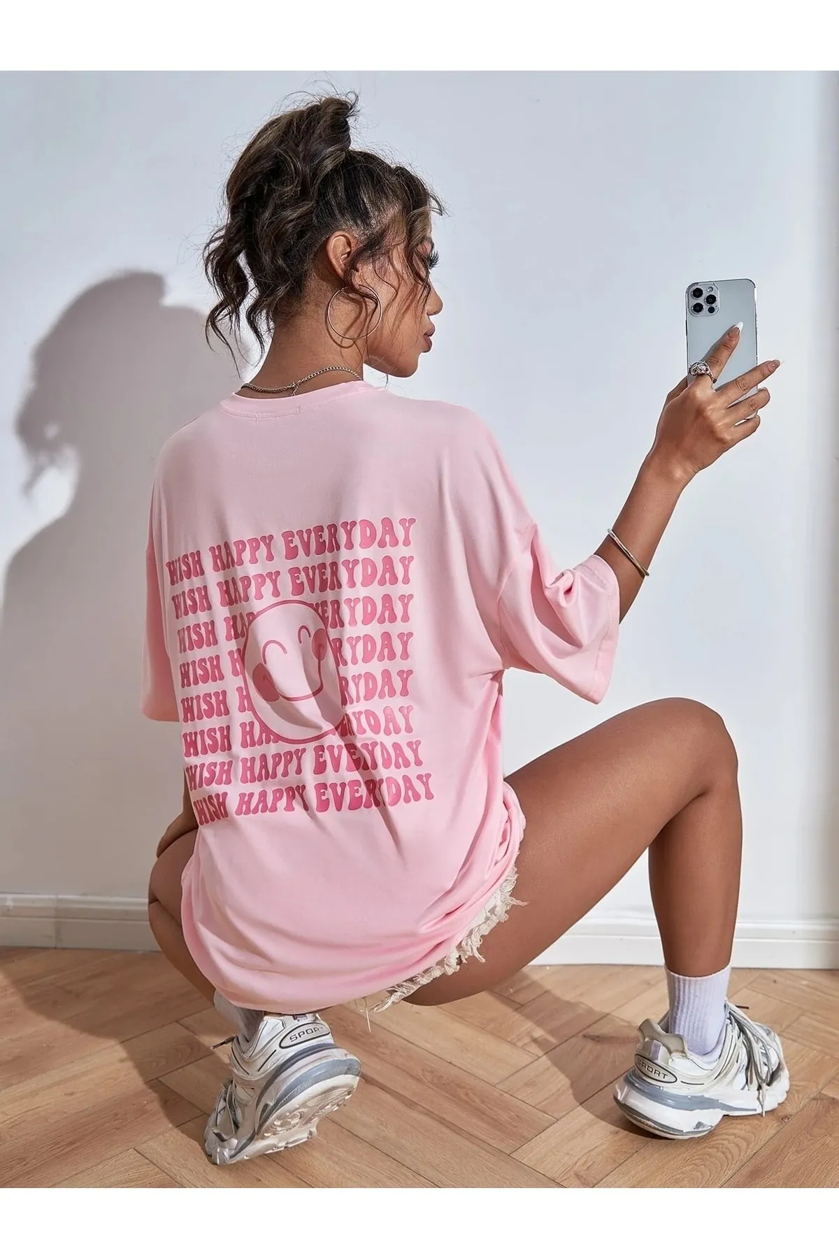 Know  Rosafarbenes, bedrucktes Oversize-T-Shirt „Wish Happy Everyday“ für Damen