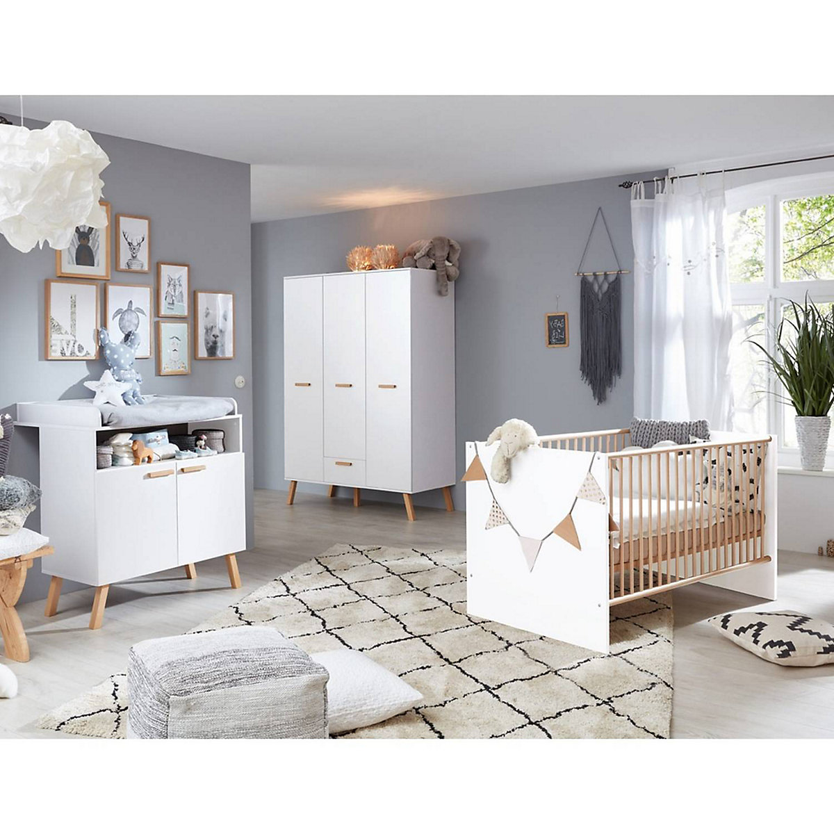 Babyzimmer Kombi 3-tlg. mit Schlupfsprossen MANISA-19 in Weiß mit Absetungen in Buche massiv