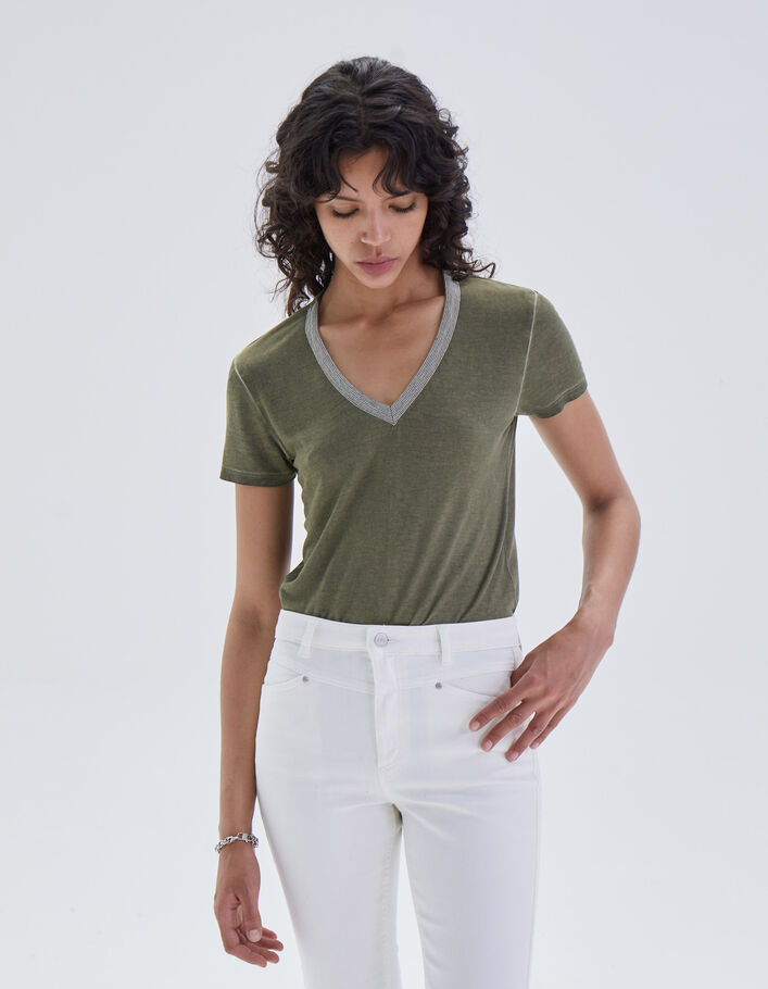 Tee-shirt kaki col bijoux femme