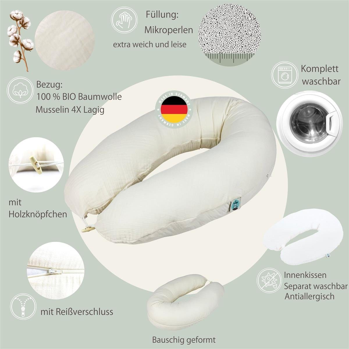 SEI Design Stillkissen Seitenschläferkissen XXL Babynest - Baby Erstausstattung Neugeborene, Schwangerschaftskissen mit Bezug, Mikroperlen, Musselin BIO Baumwolle