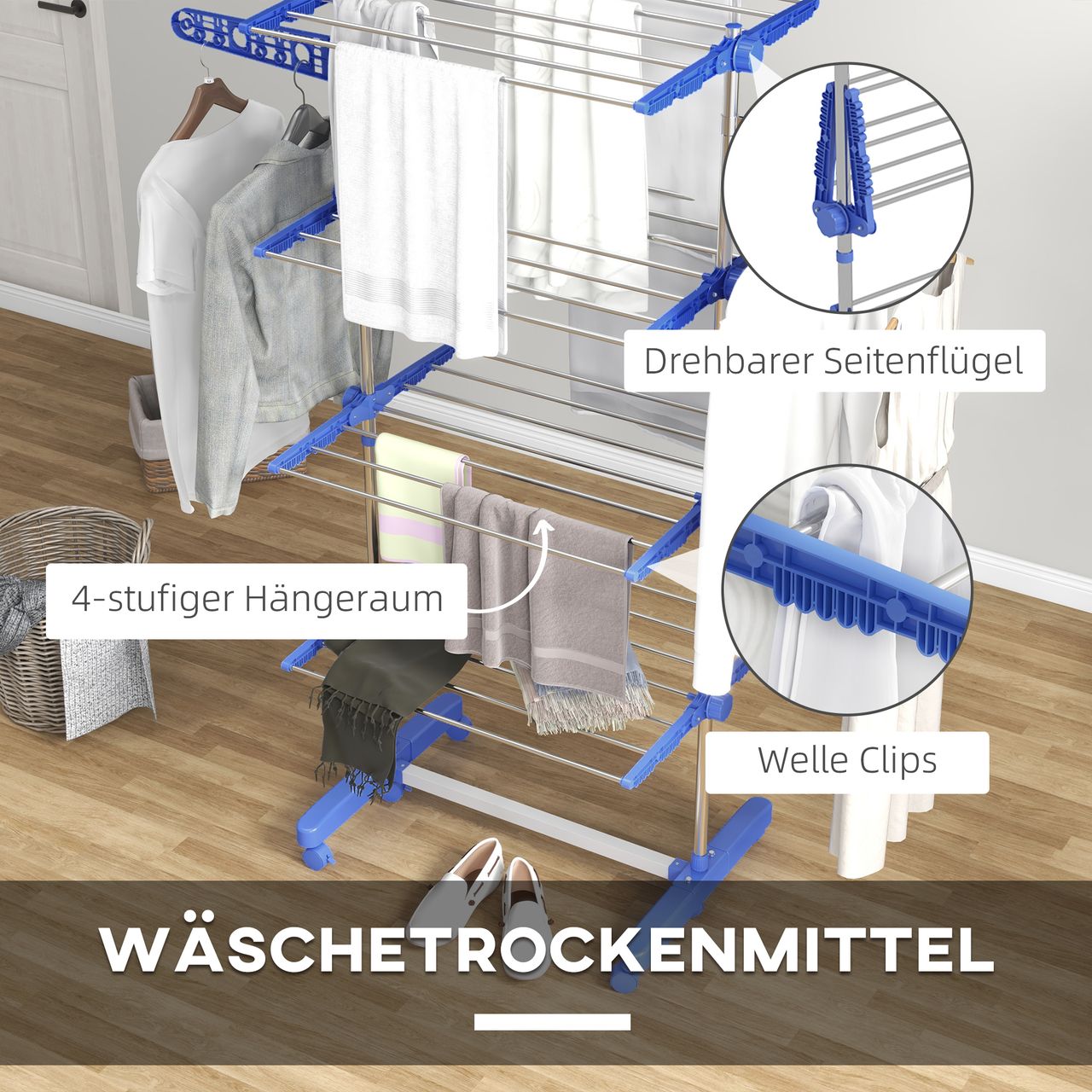 HOMCOM Wäscheständer Turmwäschetrockner 4 Ebenen klappbar höhenverstellbar Blau