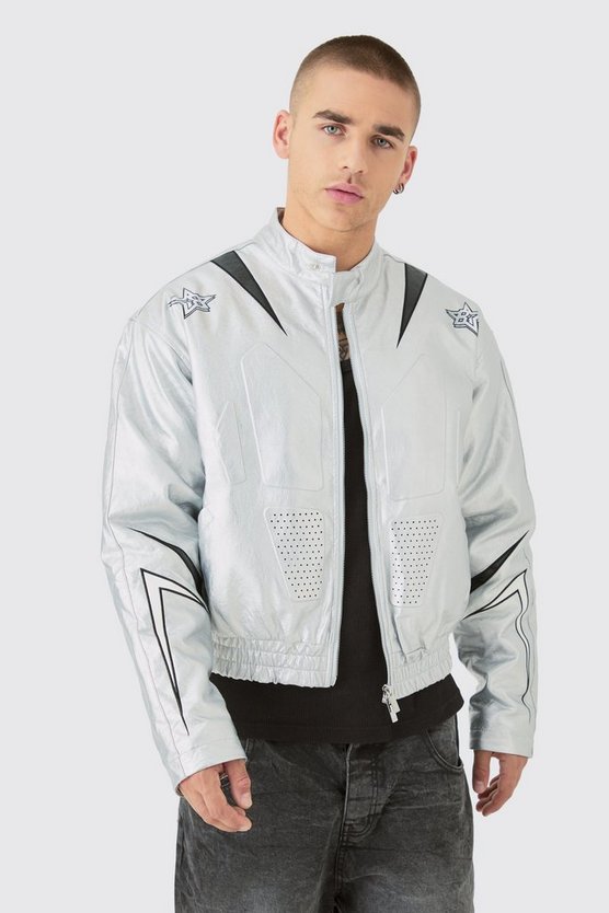 Kastige Metallic PU Moto-Bomberjacke