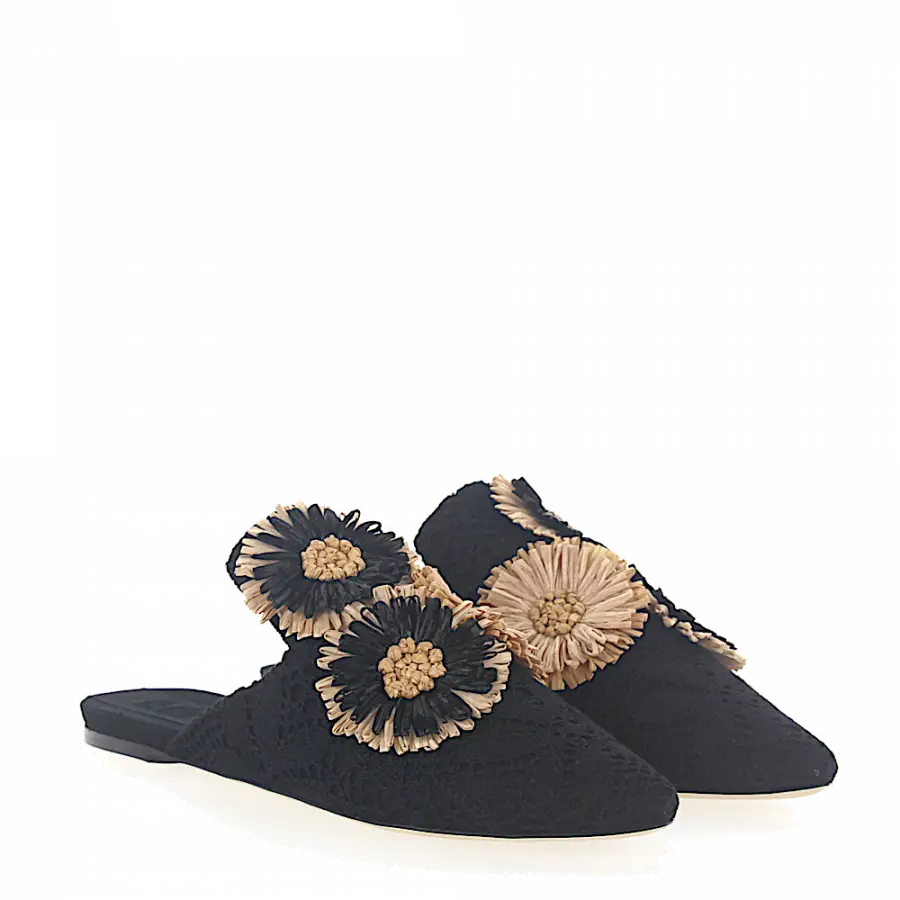 SANAYI 313 - Slipper 112884 Blumen-Deko Stickerei schwarz - schwarz