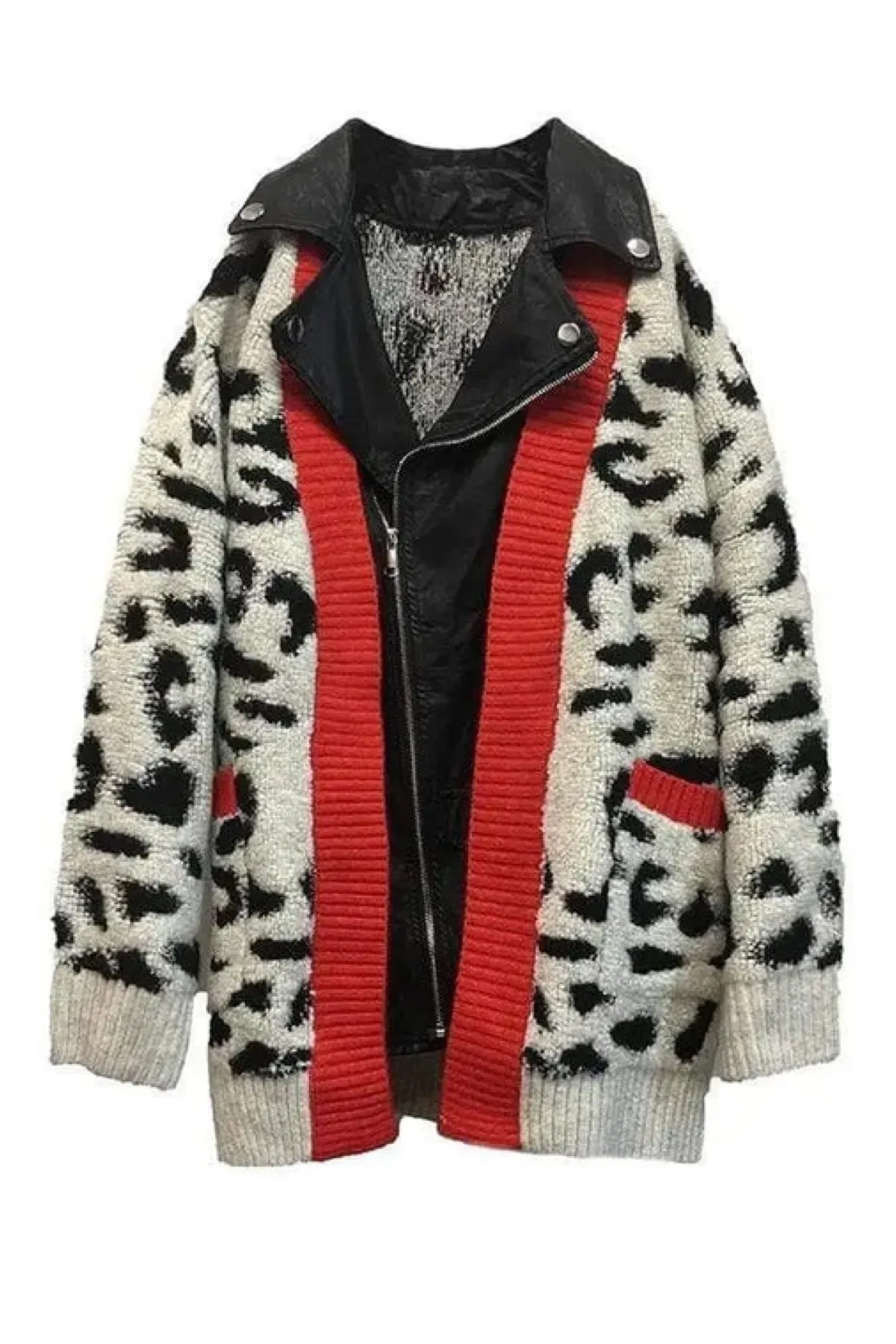 FEMELLE  Damen-Strickjacke aus Leder mit Leopardenmuster und Reißverschluss in Übergröße