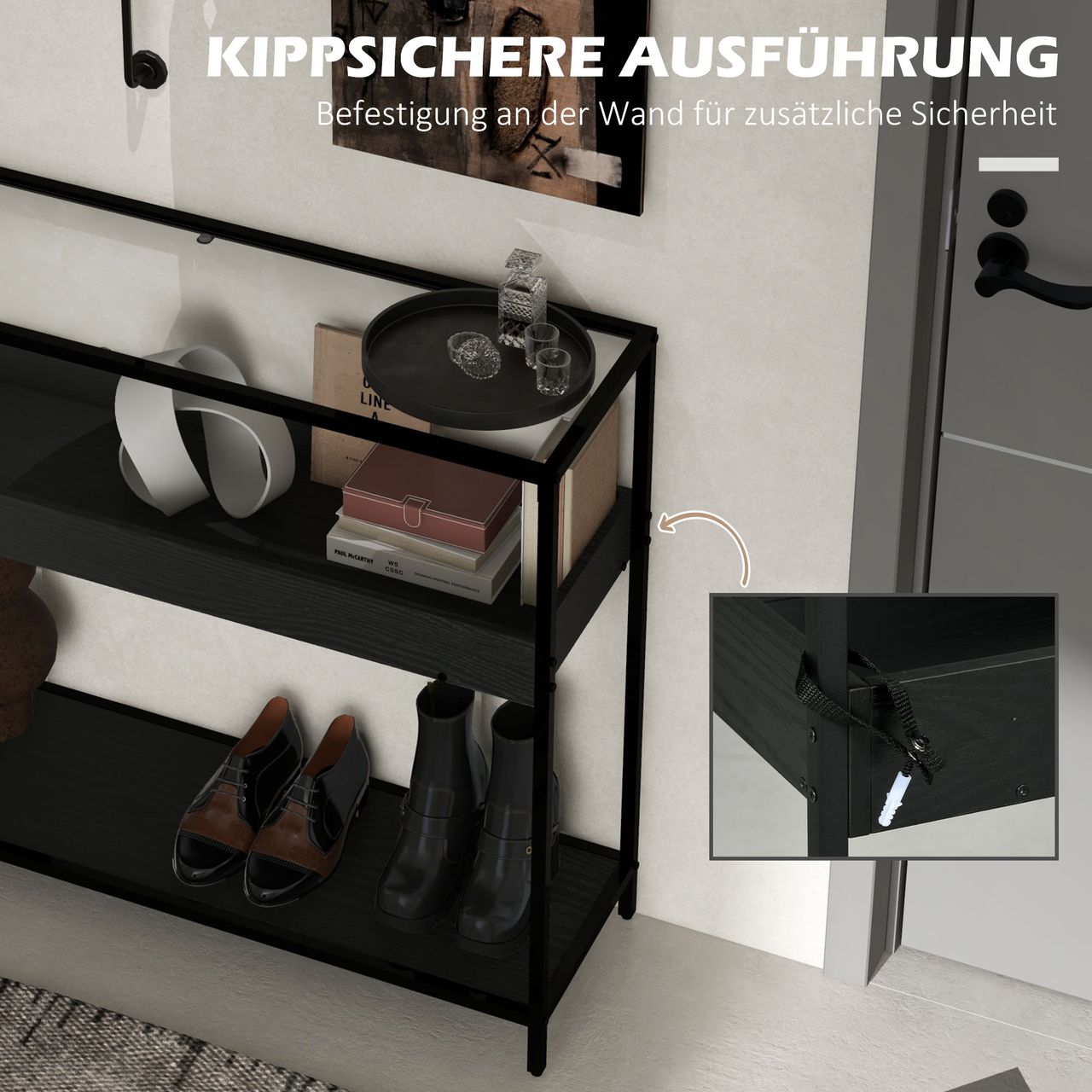 HOMCOM Konsolentisch mit 2 Regalen Flurtisch mit Glasplatte Schuhregal für Flur