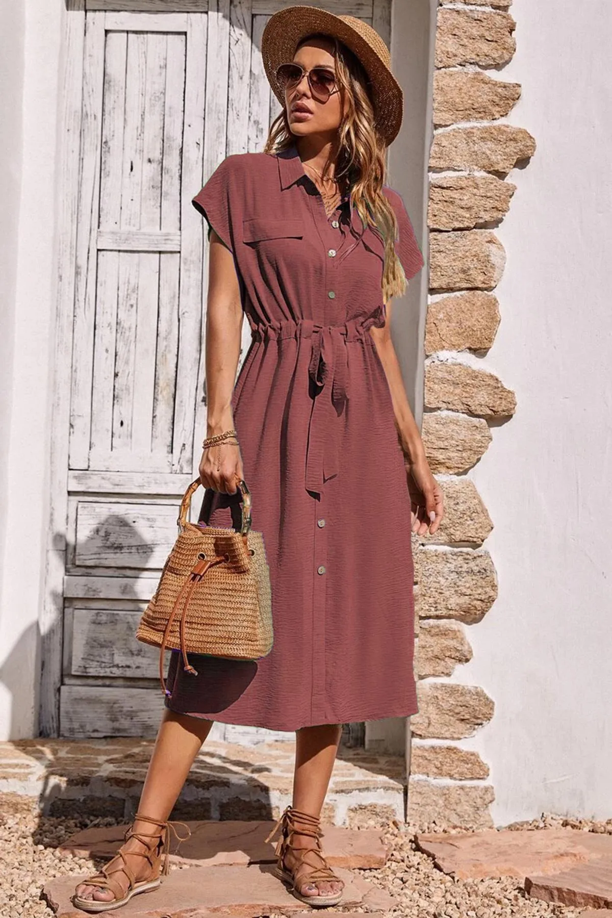 Madmext  Langes Kleid mit Hemdkragen in Burgunderrot MG1743