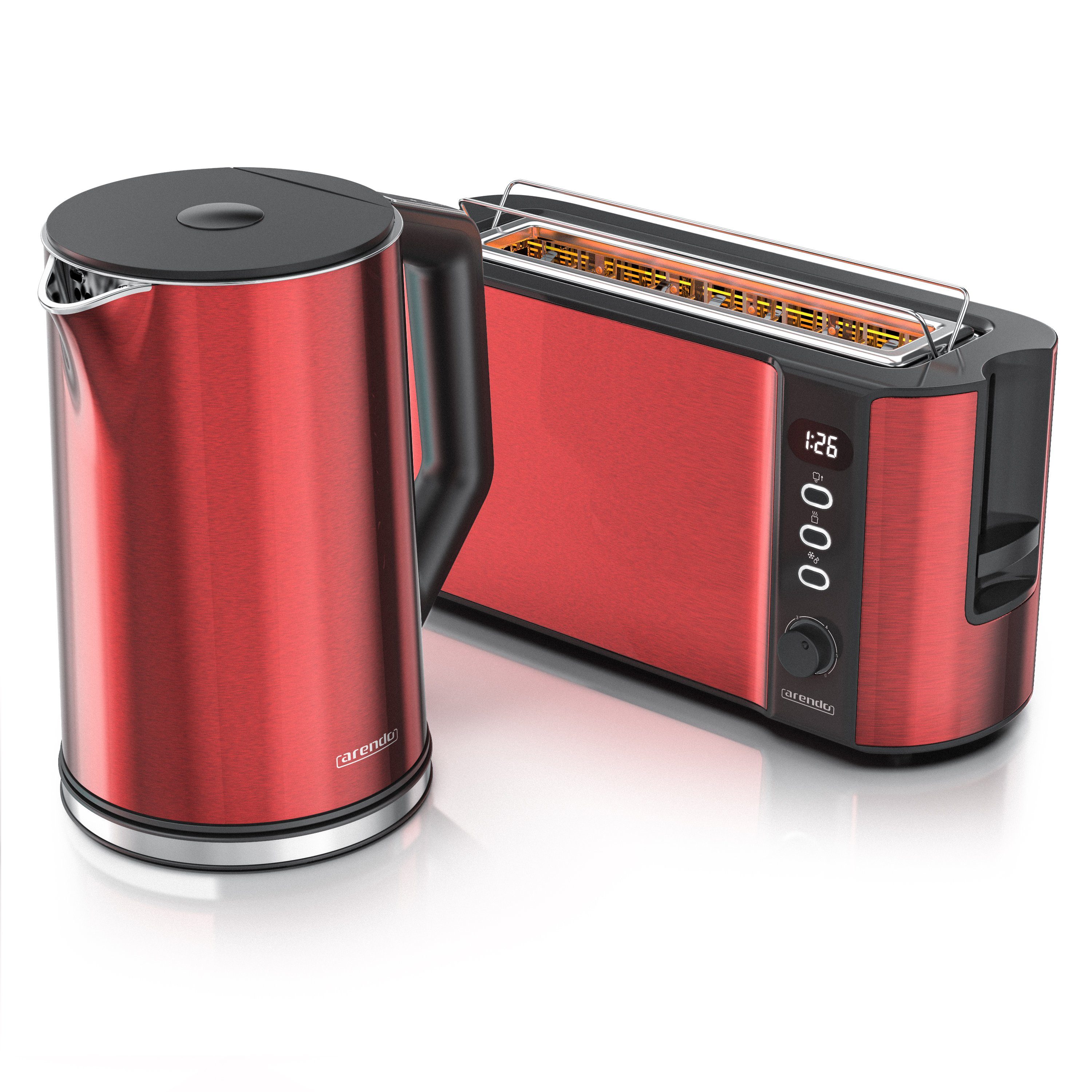 Arendo Frühstücks-Set (2-tlg), Edelstahl Wasserkocher 1,5l, 2-Scheiben Langschlitz Toaster, Rot