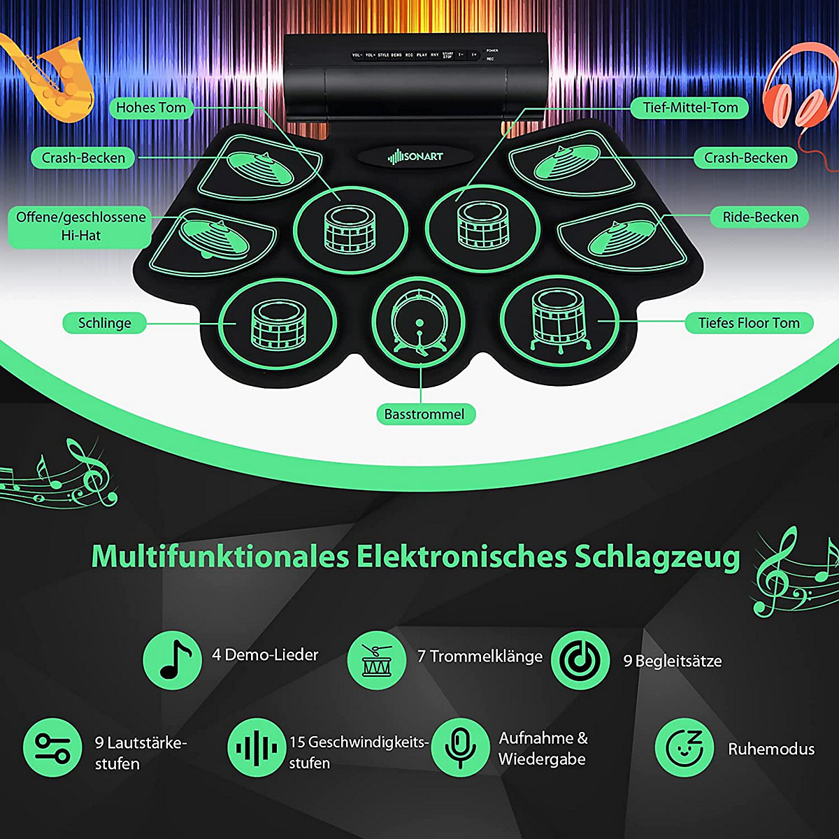 9 Pads E-Drum Roll-Up-Trommel mit 2 Pedale & 2 Drumsticks