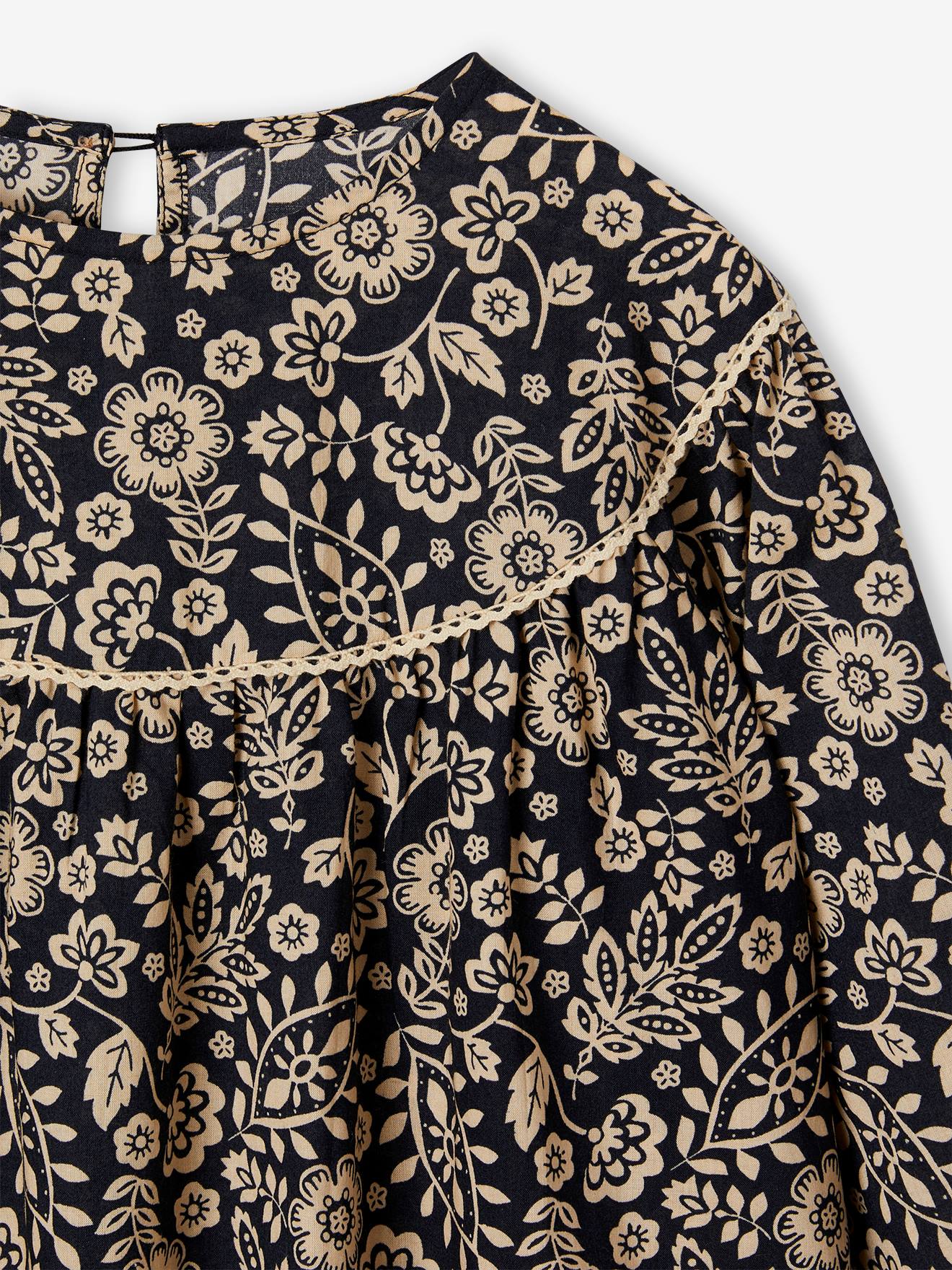 Vertbaudet Mädchen Bluse - schwarz/beige geblümt