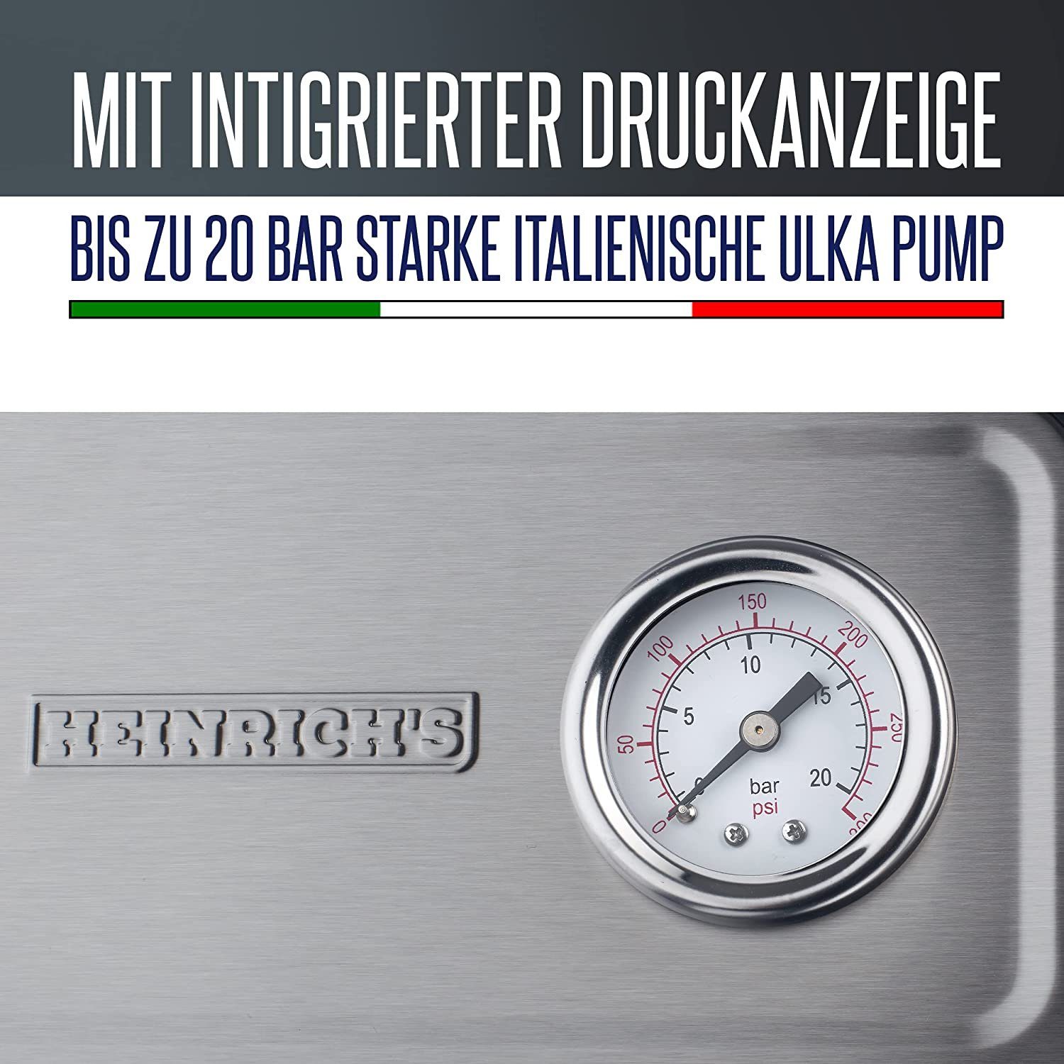 Heinrich´s Espressomaschine HES 8688, Edelstahlfilter, 20Bar Ulka Pumpe, Milchaufschäumer mit Barista Zubehör 1,6L
