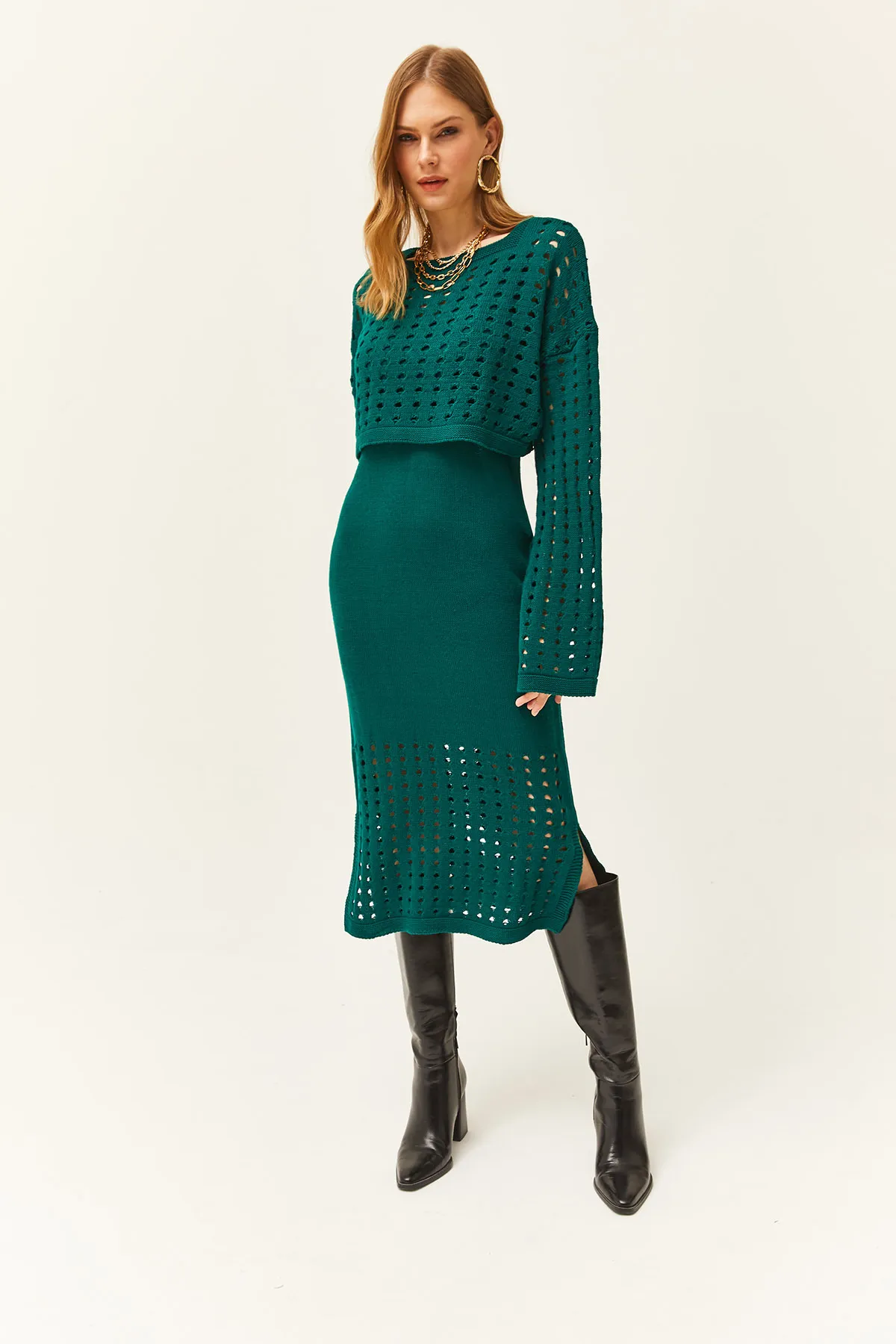 Olalook  Smaragdgrünes Oberteil mit durchbrochenem Pullover und unterem durchbrochenem Kleid aus Strickwaren-Set TKM-19000246