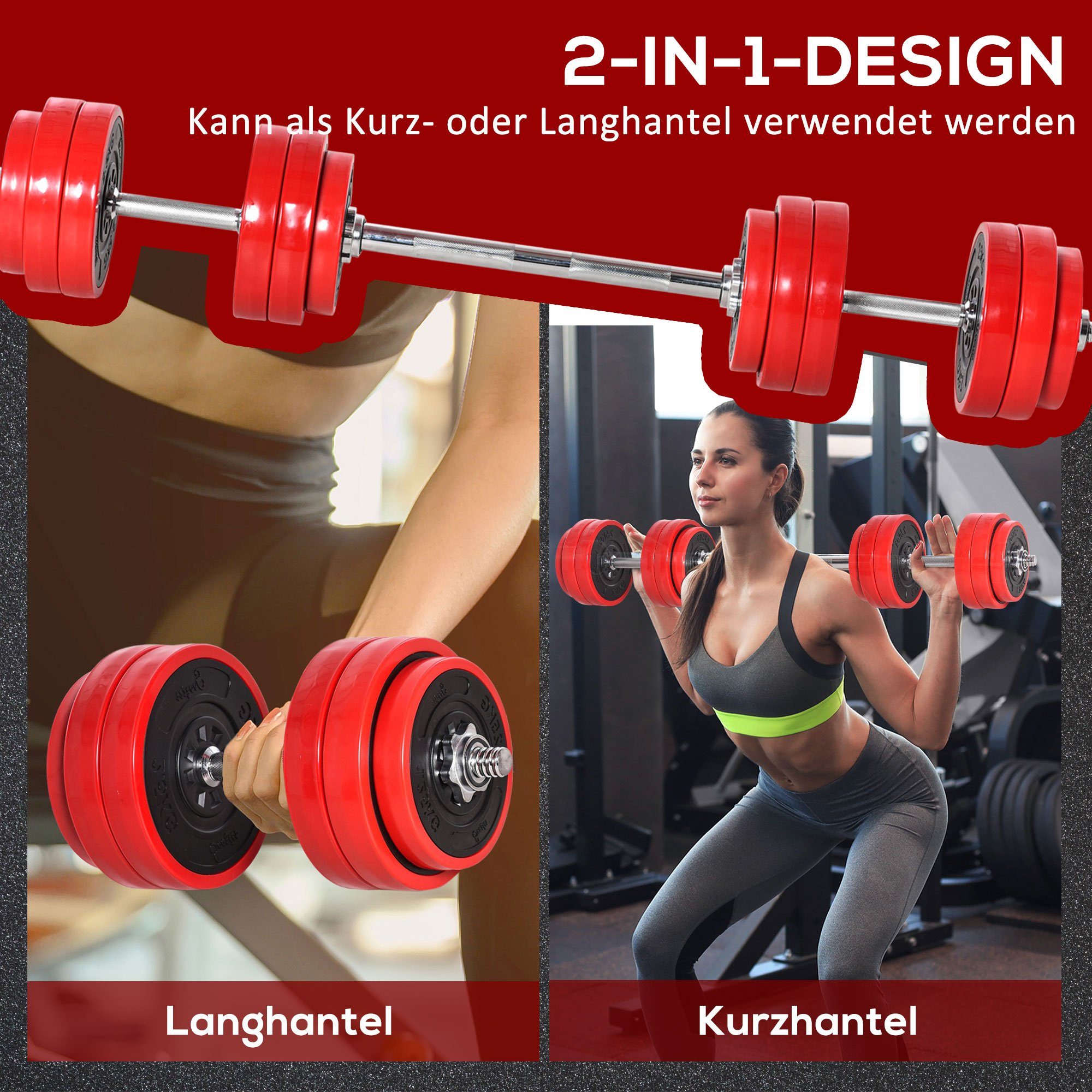 HOMCOM Hantel-Set Hanteln&Langhanteln verstellbar Stahl Eisen Sand Rot+Schwarz, (Set, mit Kurzhantelstangen), 2-in-1 Hantel-Set