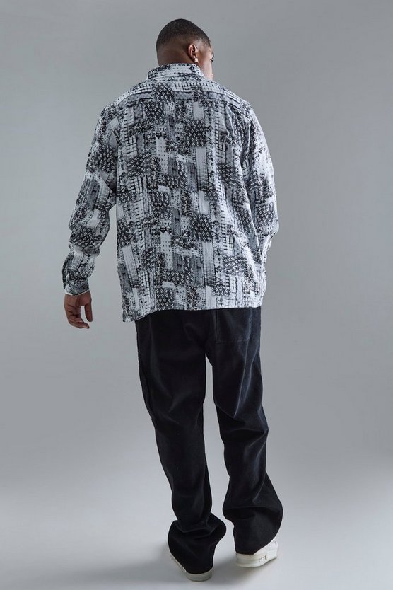 Plus langärmliges Patchwork Hemd mit Print