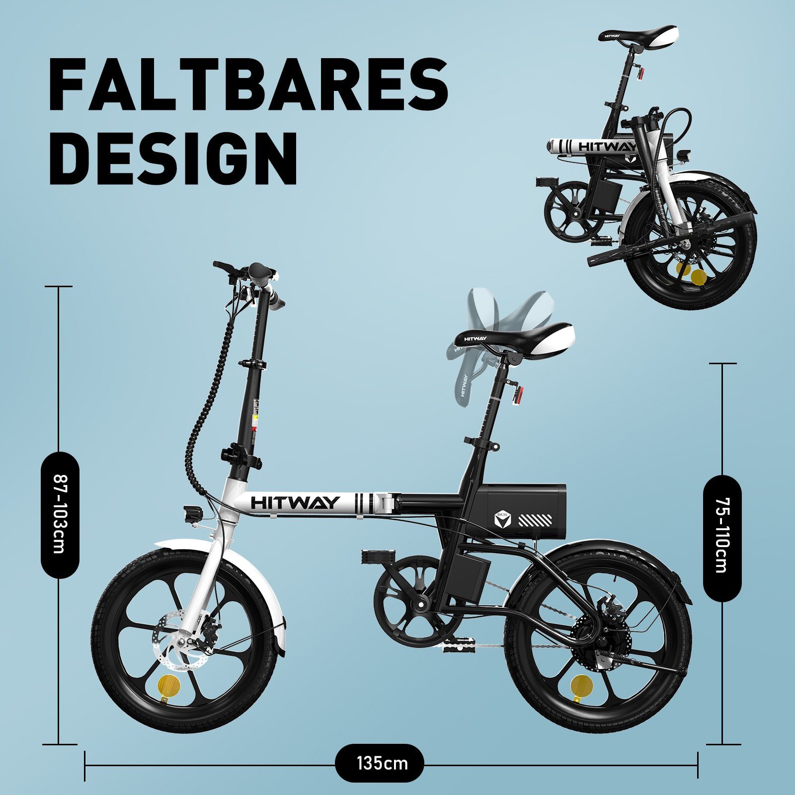 HITWAY E-Bike Elektrofahrrad Klapprad, 16-Zoll 36 V/6Ah für Damen Herren, Heckmotor, Klappbares Fahrrad und nur 14,5 kg