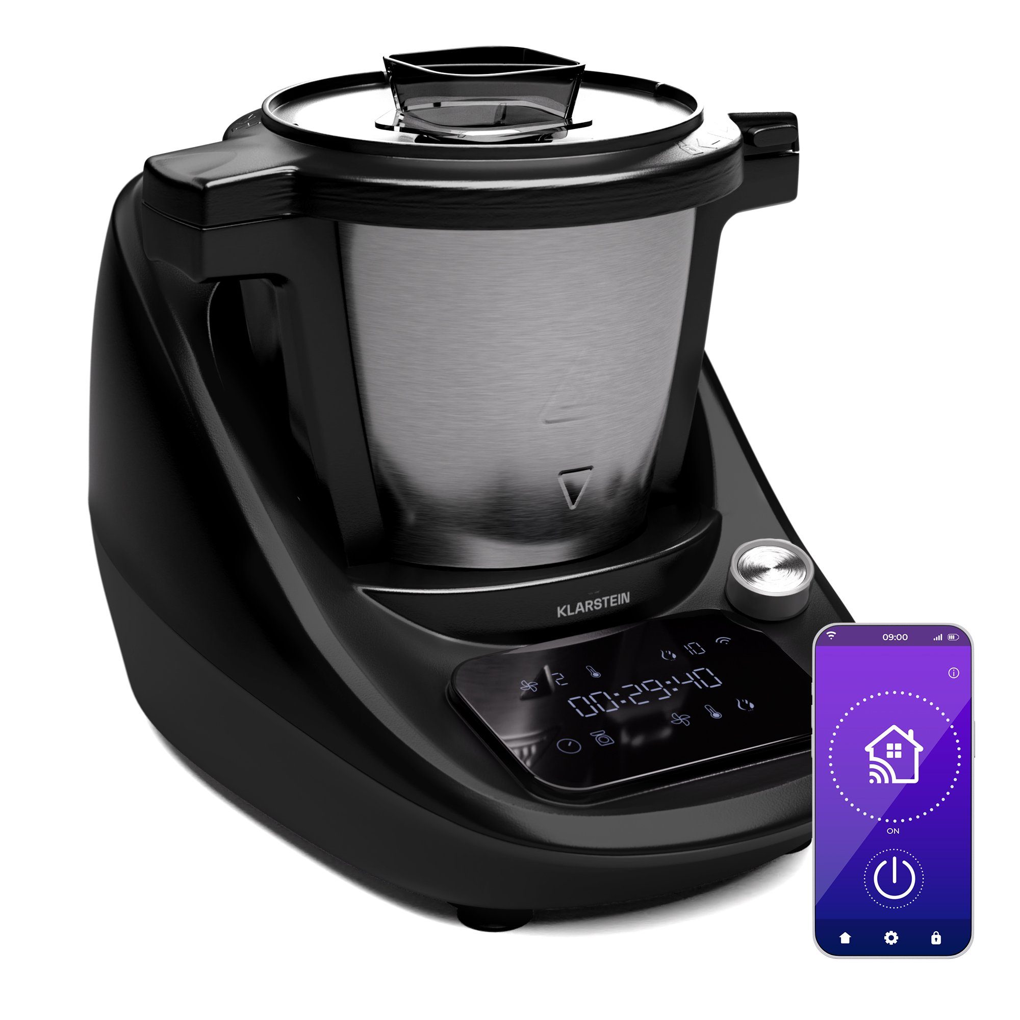 Klarstein Küchenmaschine mit Kochfunktion Aria Smart, 1700 W, 3.3 l Schüssel, Dämpfaufsatz Waage 3,3 L Edelstahl Touch App
