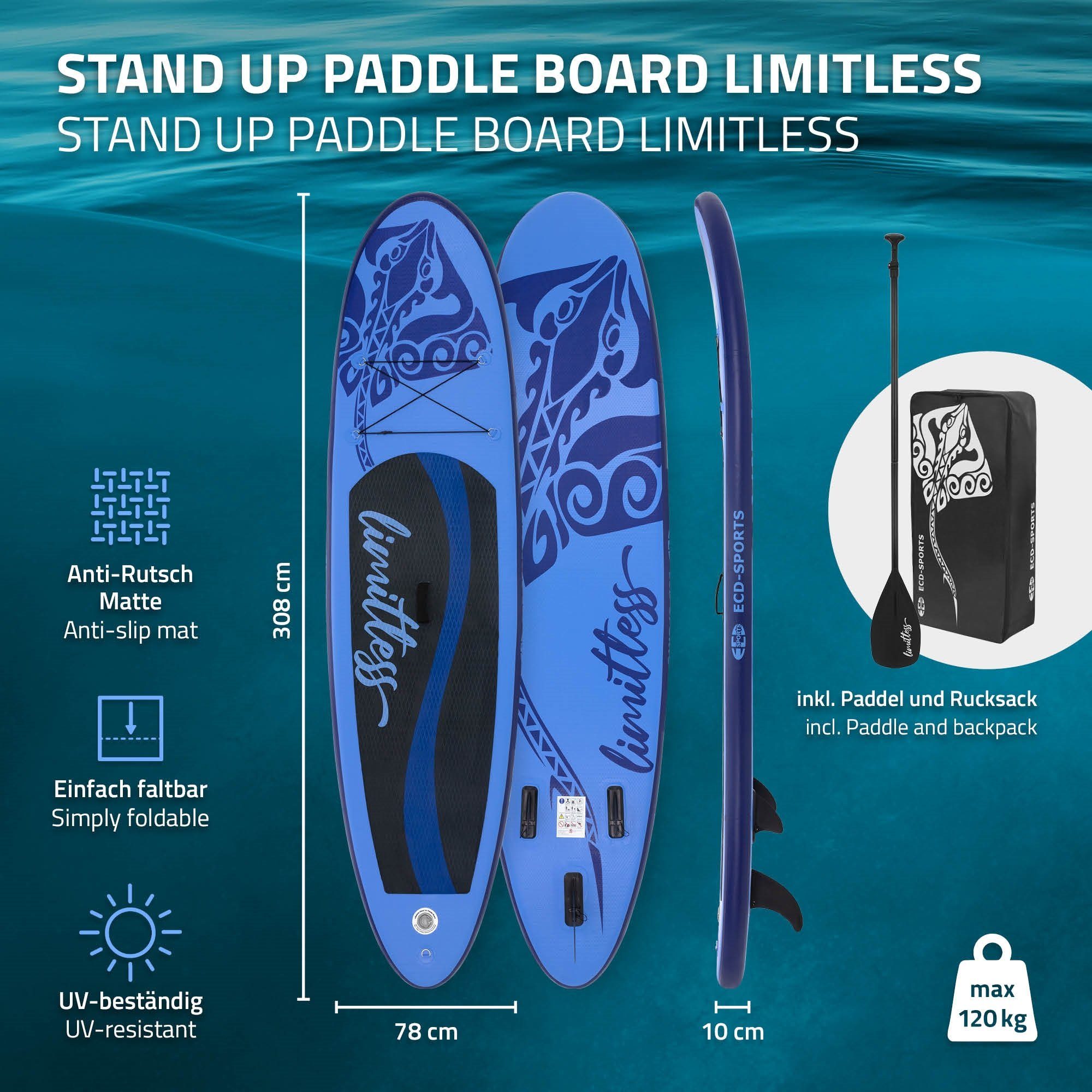 ECD Germany SUP-Board Aufblasbares Stand Up Paddle Board Limitless Paddelboard Surfboard, Blau 308x76x10cm PVC bis 120kg Tragetasche Zubehör Komplett Set