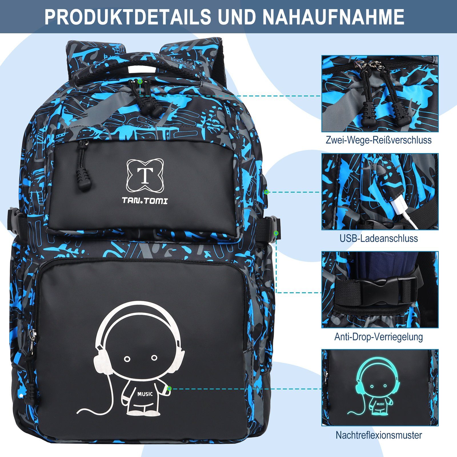 TAN.TOMI Schulrucksack Rucksack Jungen Schulrucksack Mädchen Teenager Jugendliche Daypacks, Kinder Reflektierender Schultasche Outdoor Camping Groß Schulranzen