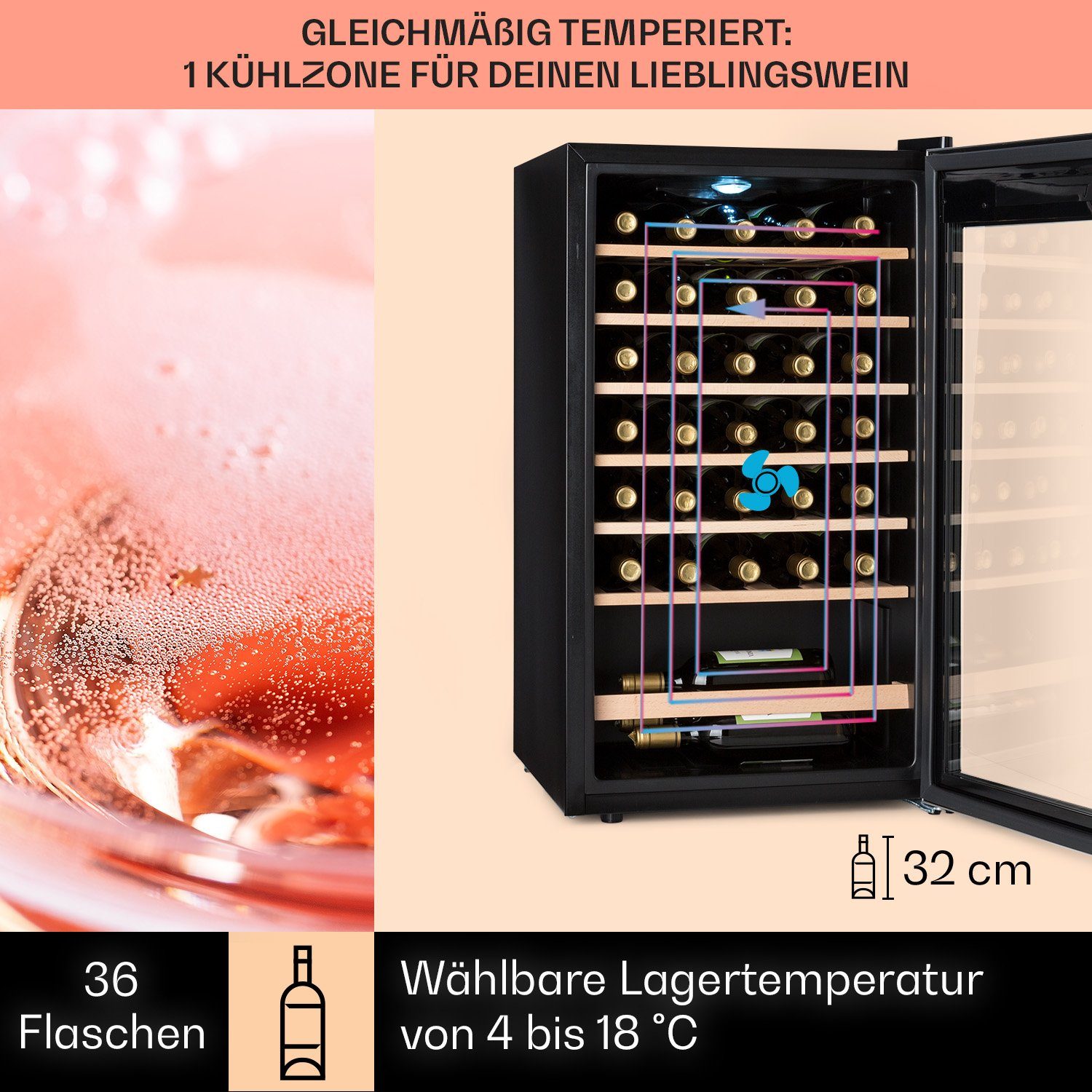 Klarstein Weinkühlschrank Vinamour 32 Uno, für 36 Standardflaschen á 0,75l,Wein Flaschenkühlschrank Weintemperierschrank Weinschrank Kühlschrank