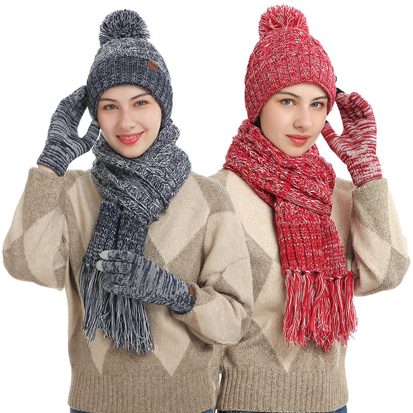 Rutaqian Schlupfmütze Wintermütze Schal Touchscreen Handschuhe Set (Ski 3-in-1 Winter-Set, Fleecefutter Warme Knit Hut Loop Schal Rutschfeste Handschuhe) Unisex Beanie Strickmütze Winterschal Thermo Handschuhe