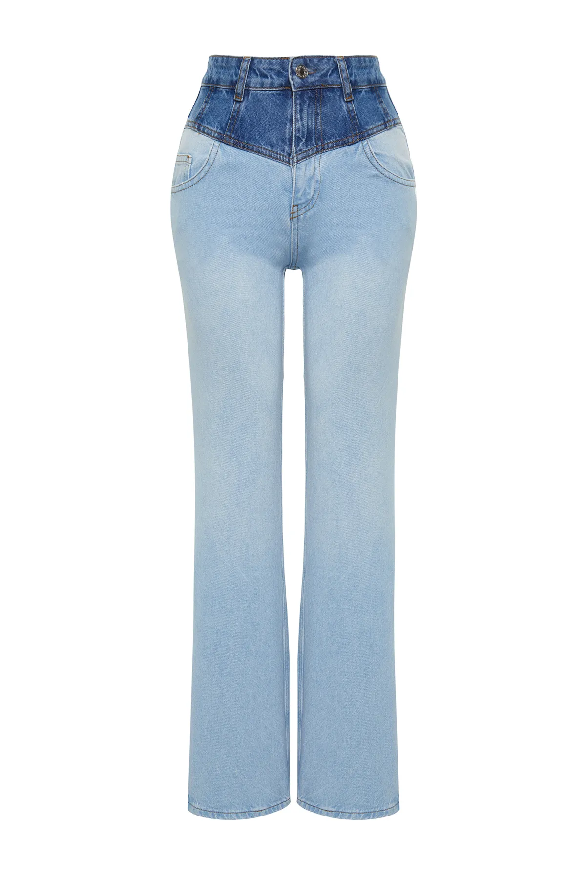 Trendyol Collection  Blaue Farbblock-Jeans mit hoher Taille und weitem Bein TWOSS24JE00110