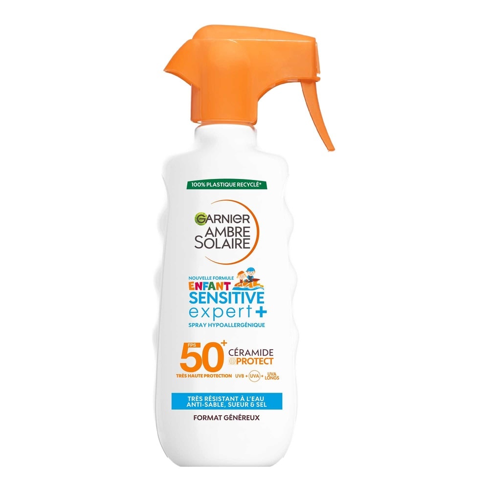 garnier Ambre Solaire Sensitive Expert+ Enfant Gâchette spray solaire hypoallergéniqueenfant FPS50+ peaux sensibles HP