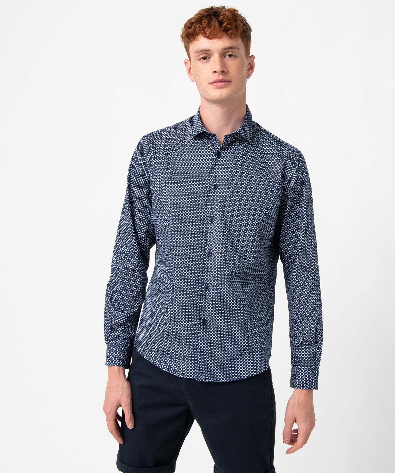 Chemise homme à manches longues avec micro-motifs marine | GEMO