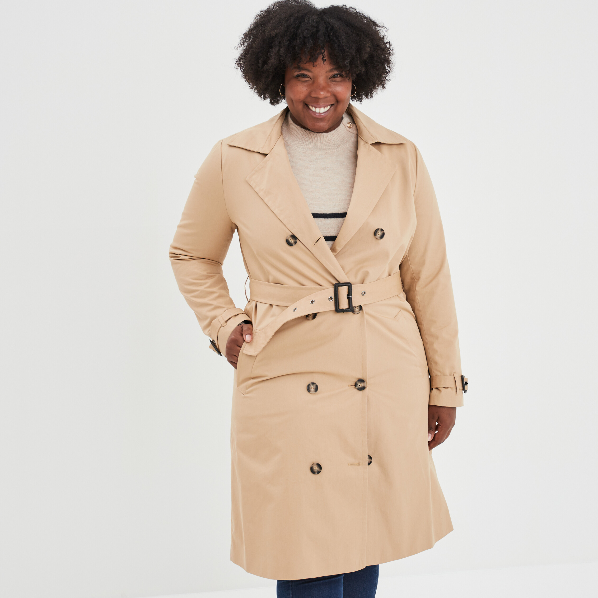 Trench long cintré ceinturé beige femme grande taille | La Halle