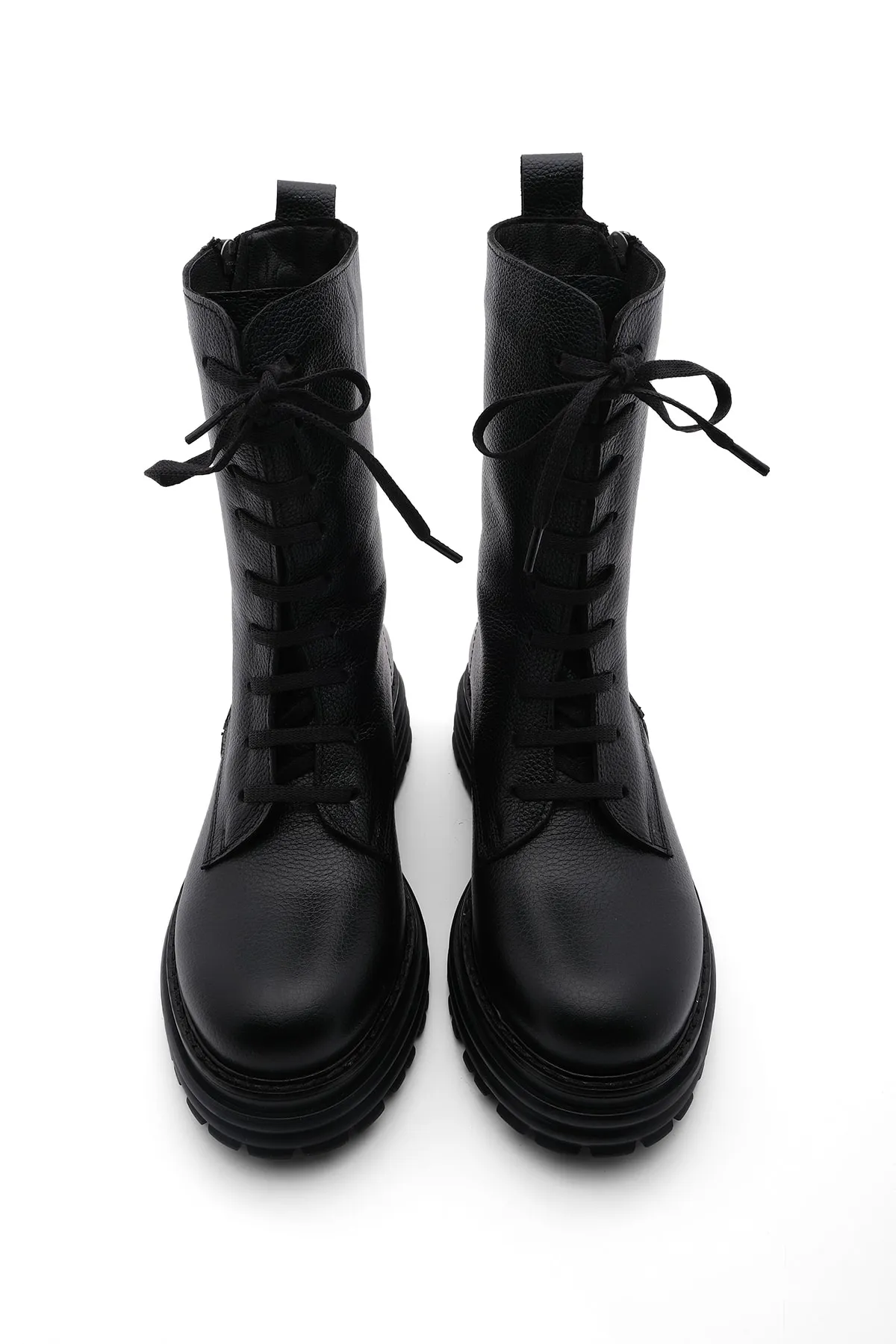 Marjin  Damenstiefel aus echtem Leder mit Reißverschluss und Schnürung, dicke Sohle, Alltagsstiefel Viles Schwarz