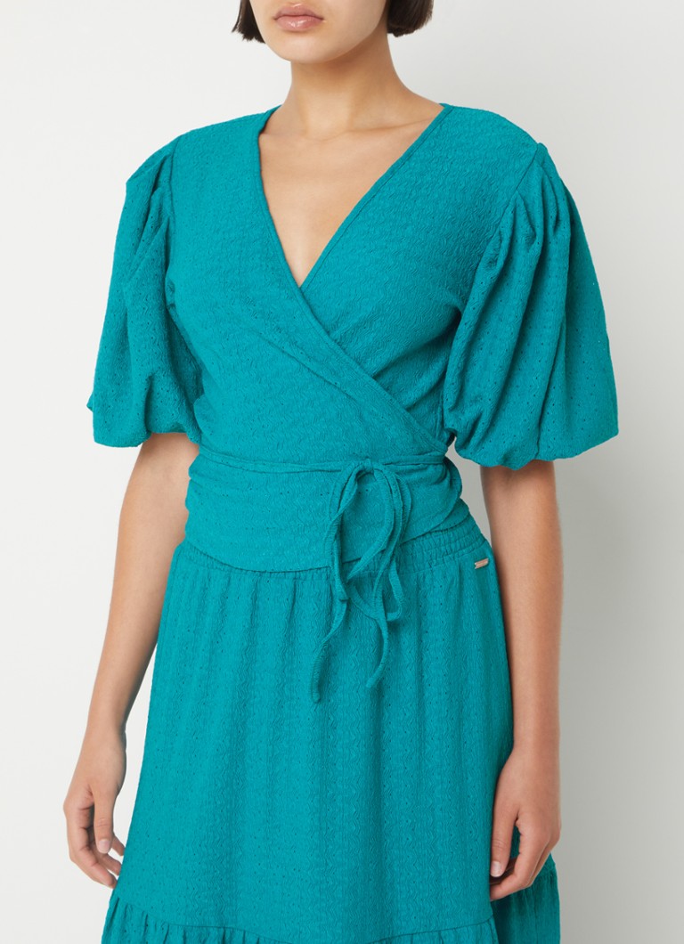 Colorful Rebel Miley wrap top with texture and puff sleeves