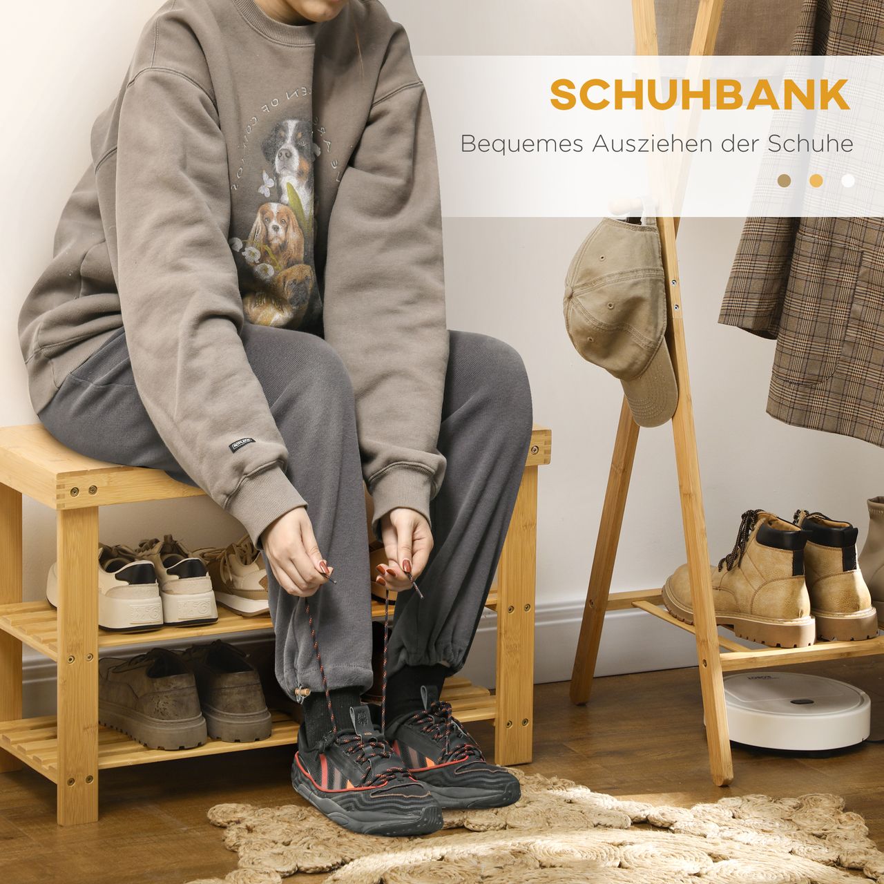 HOMCOM Schuhbank, Schuhregal mit 3 Etagen, Sitzbank aus Bambus für 6 Paar Schuhe