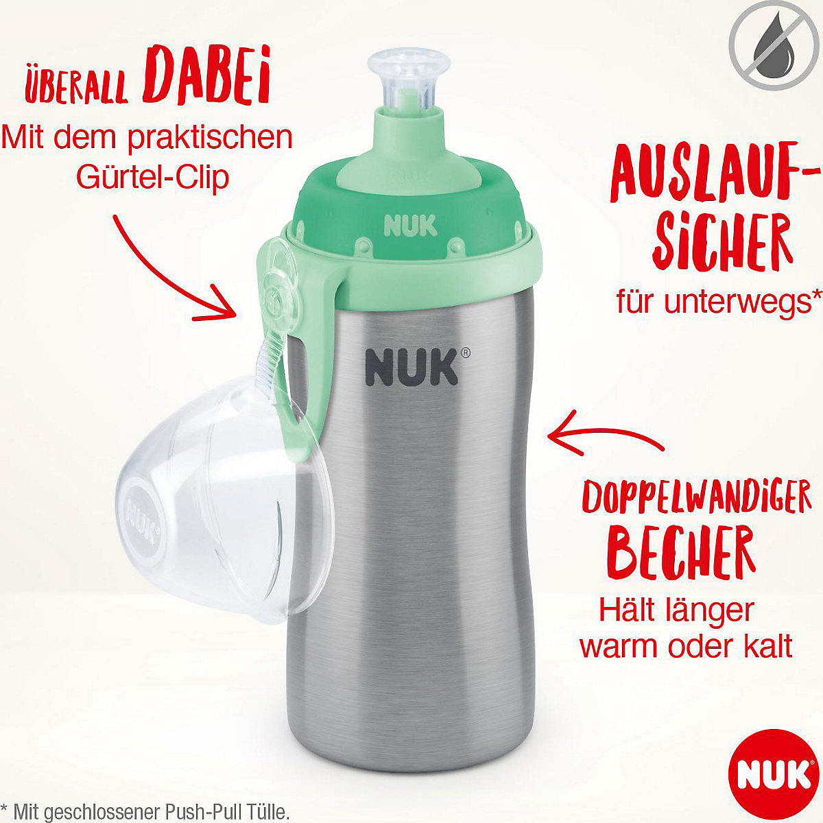 NUK Junior Cup Edelstahl, Flaschenkörper aus hochwertigem Edelstahl, mit Push-Pull-Tülle, 215ml, ab 18 Monaten, auslaufsicher, mit Clip, 1 Stück, grün
