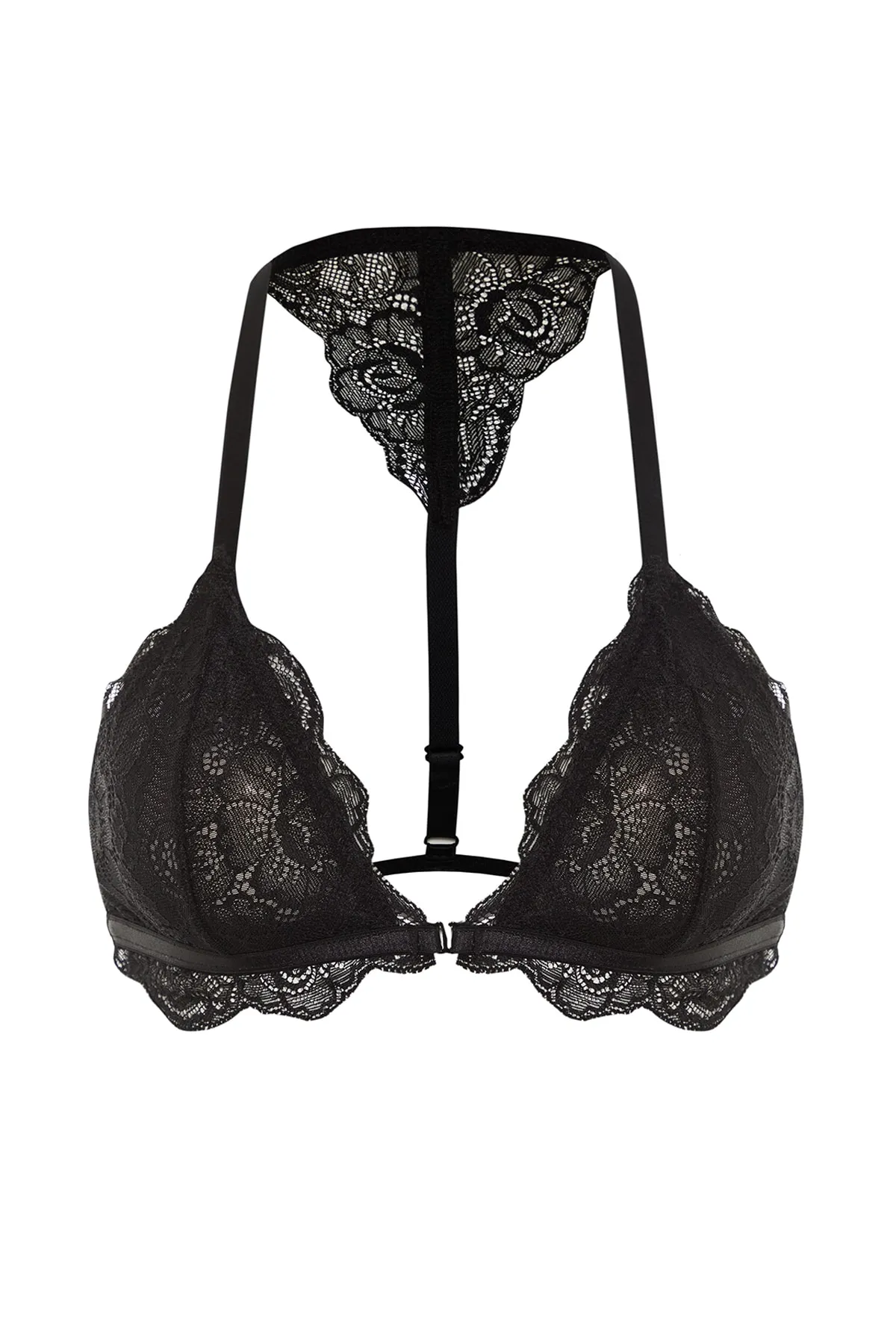 Trendyol Collection  Schwarzer Spitzen-String-Träger, Frontverschluss, kappenloser Triangel-Bralette-Strick-BH THMAW23SU00041