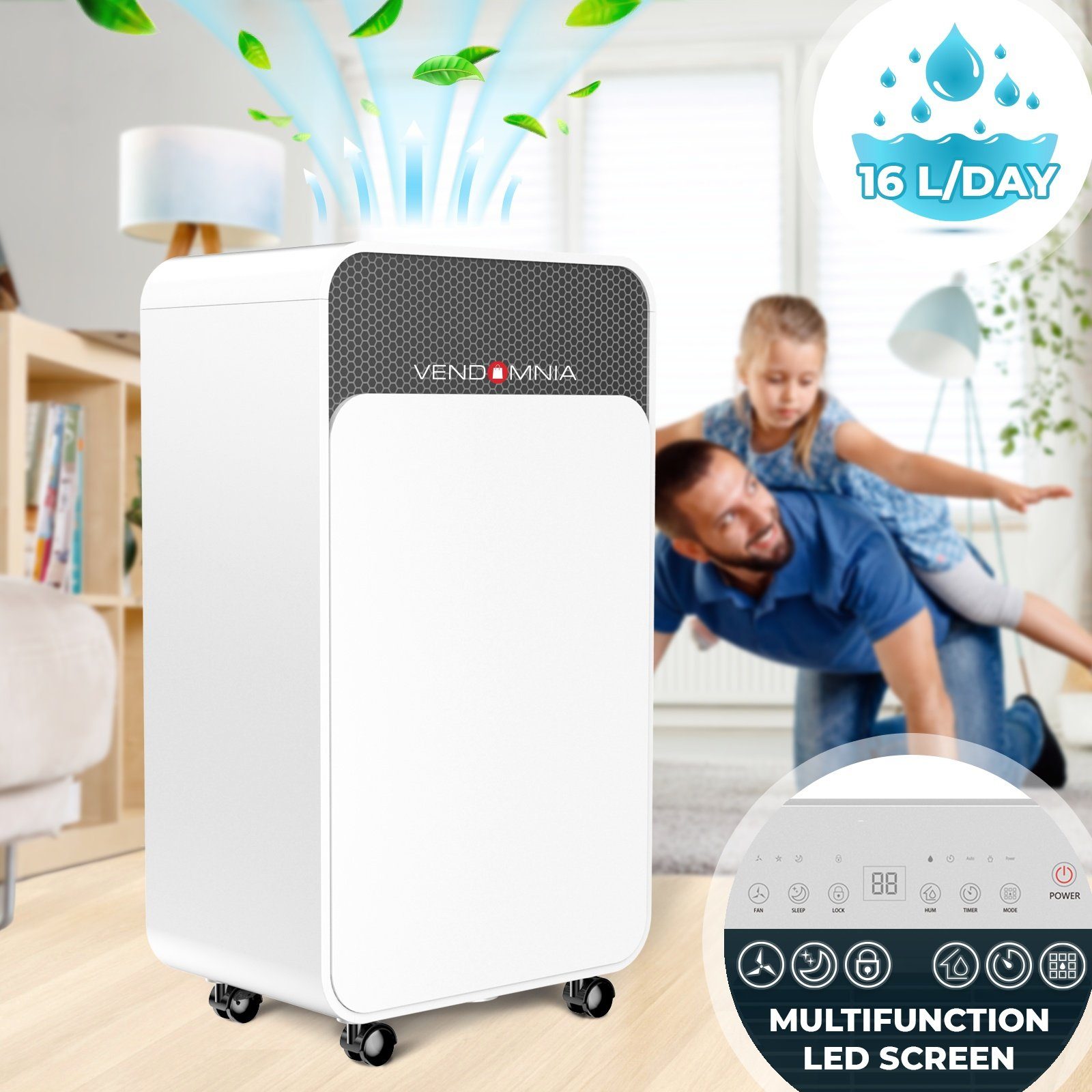 VENDOMNIA Luftreiniger Luftentfeuchter 16L/Tag Timer Raumentfeuchter Entfeuchtungsgerät, für 30 m² Räume, 2L Behälter, bis 30 m², elektrisch, Digitalanzeige