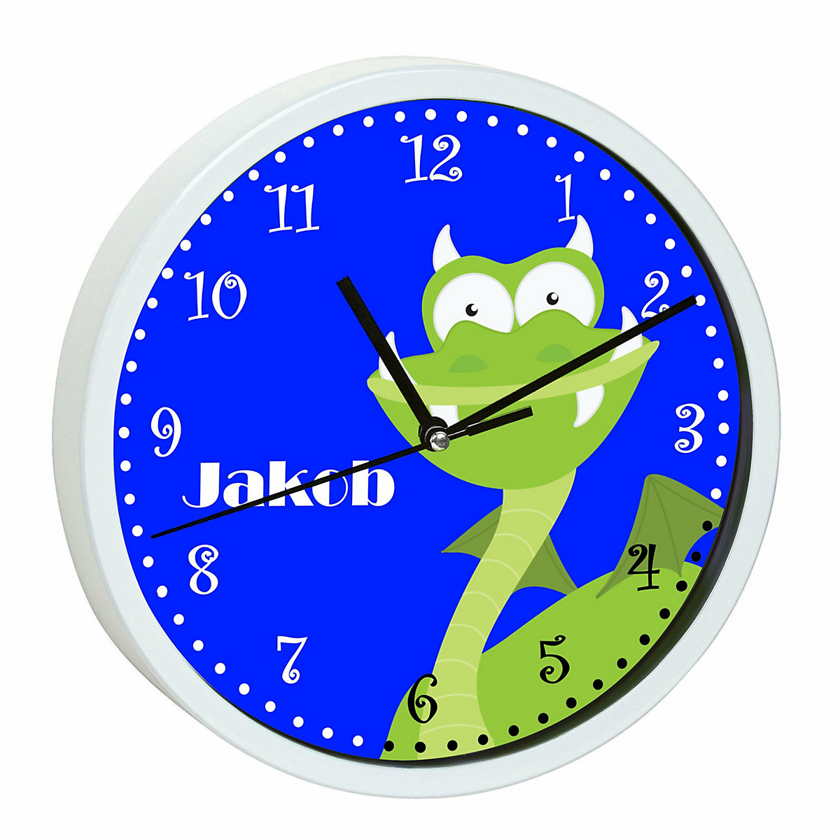 Kinder Wanduhr laufruhig personalisiert mit Name Drache grün